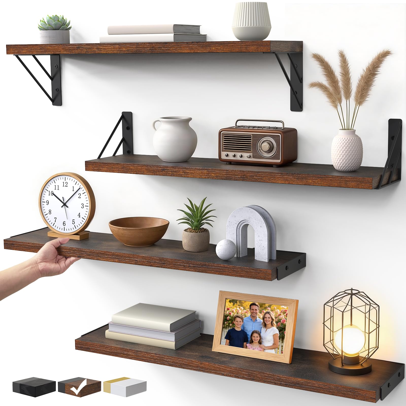 bayka wall shelves for bedroom decor, floating shelves for wall, display mounted rustic wood shelf for books,plants,corner shelves for bathroom,kitchen,living room(rustic brown,23in,set of 4)