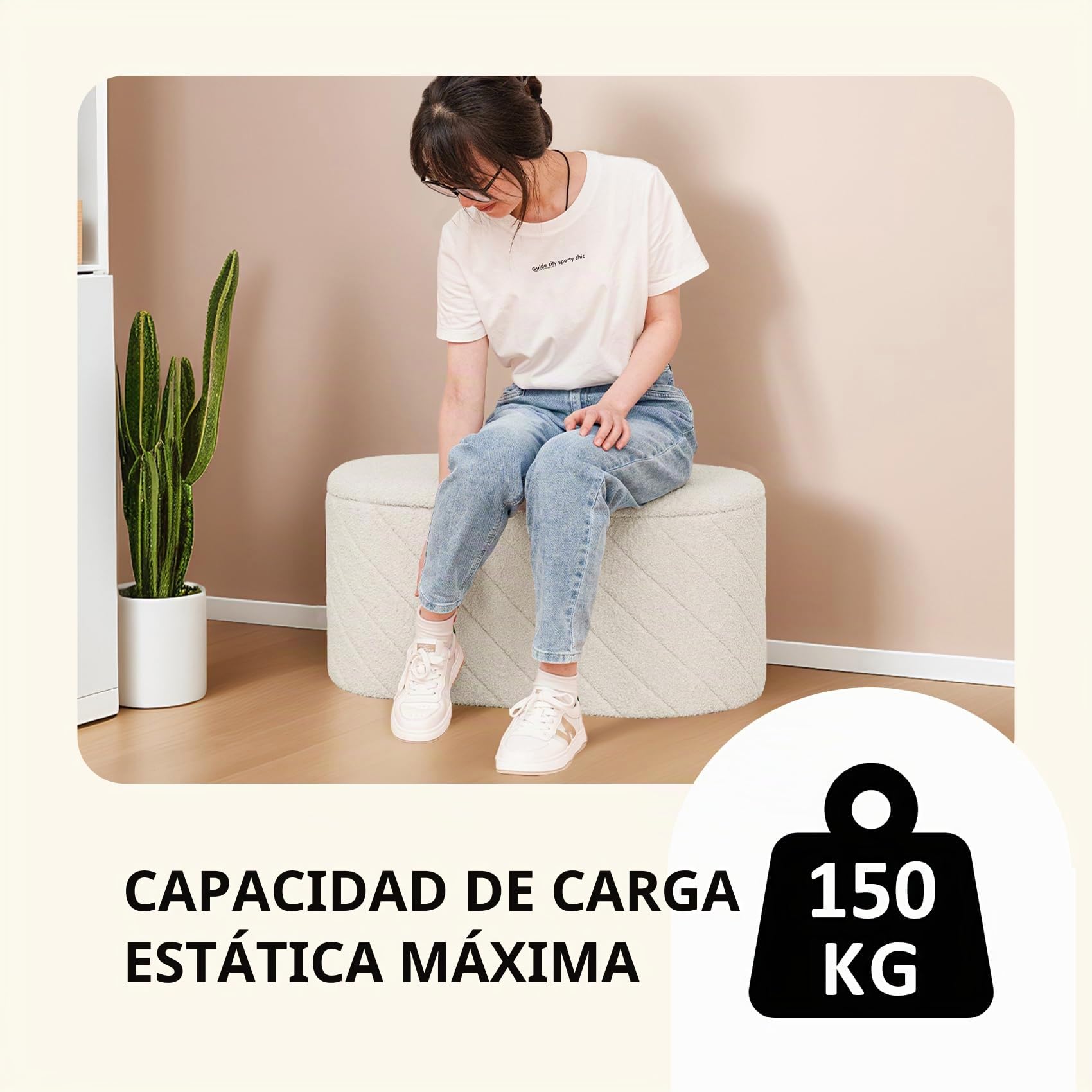 PINPLUS Banco de Almacenamiento Plegable Ovalado, Taburete Otomano Bouclé, Pie de Cama y Reposapiés para Salón, Dormitorio o Entrada, 76x38x38 cm, Blanco