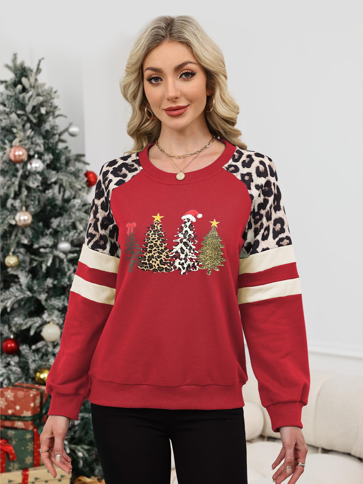 Sweatshirt Damen Baumwolle Leopard Shirt Langarm Tshirt Frauen Oberteile Lässige Baumwolle Rundhals Farbblock Leicht Tunika für Herbst Frühling Winter