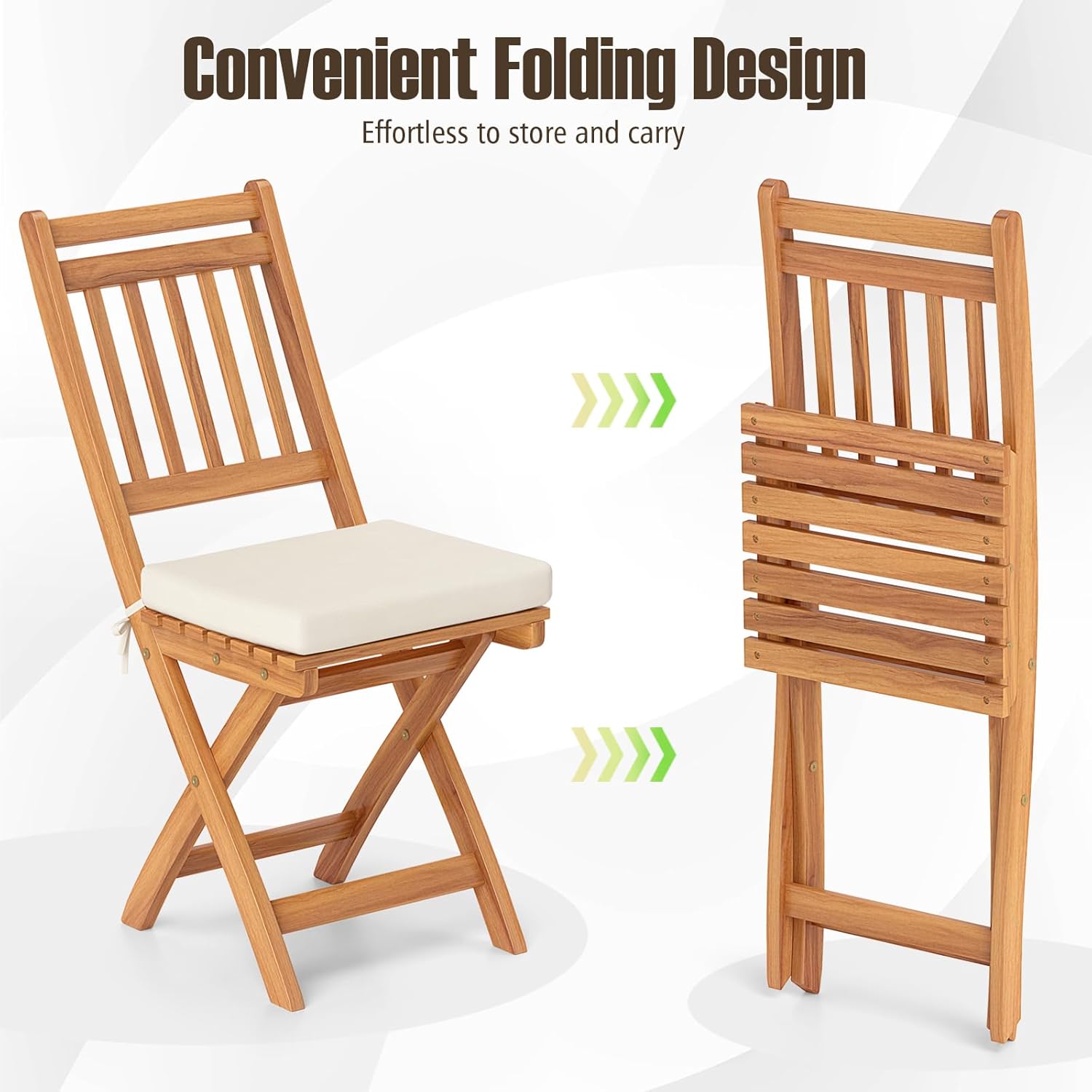 Tangkula Folding Patio Chairs Set of 4, Acacia Wood Slatted Dining Chairs with Seat Cushion, Lightweight Portable High-Back Chair, No Assembly Bistro Chairs for Backyard, Porch, Poolside (Vertical)