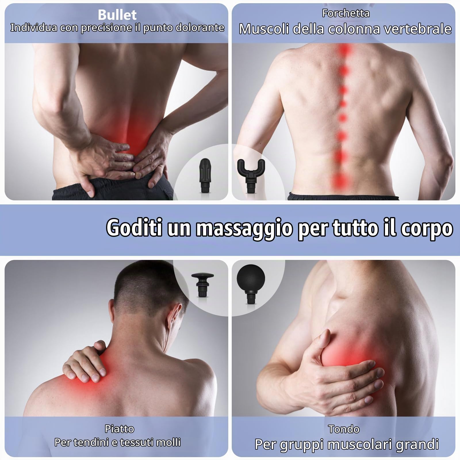 BIBIRE Pistola Massaggio Muscolare, Massaggiante Muscolo con Manico Esteso, 6 Velocità, 4 Testine Massaggianti, Massaggiatore a Percussione Profonda per Alleviare Il Dolore Muscolare