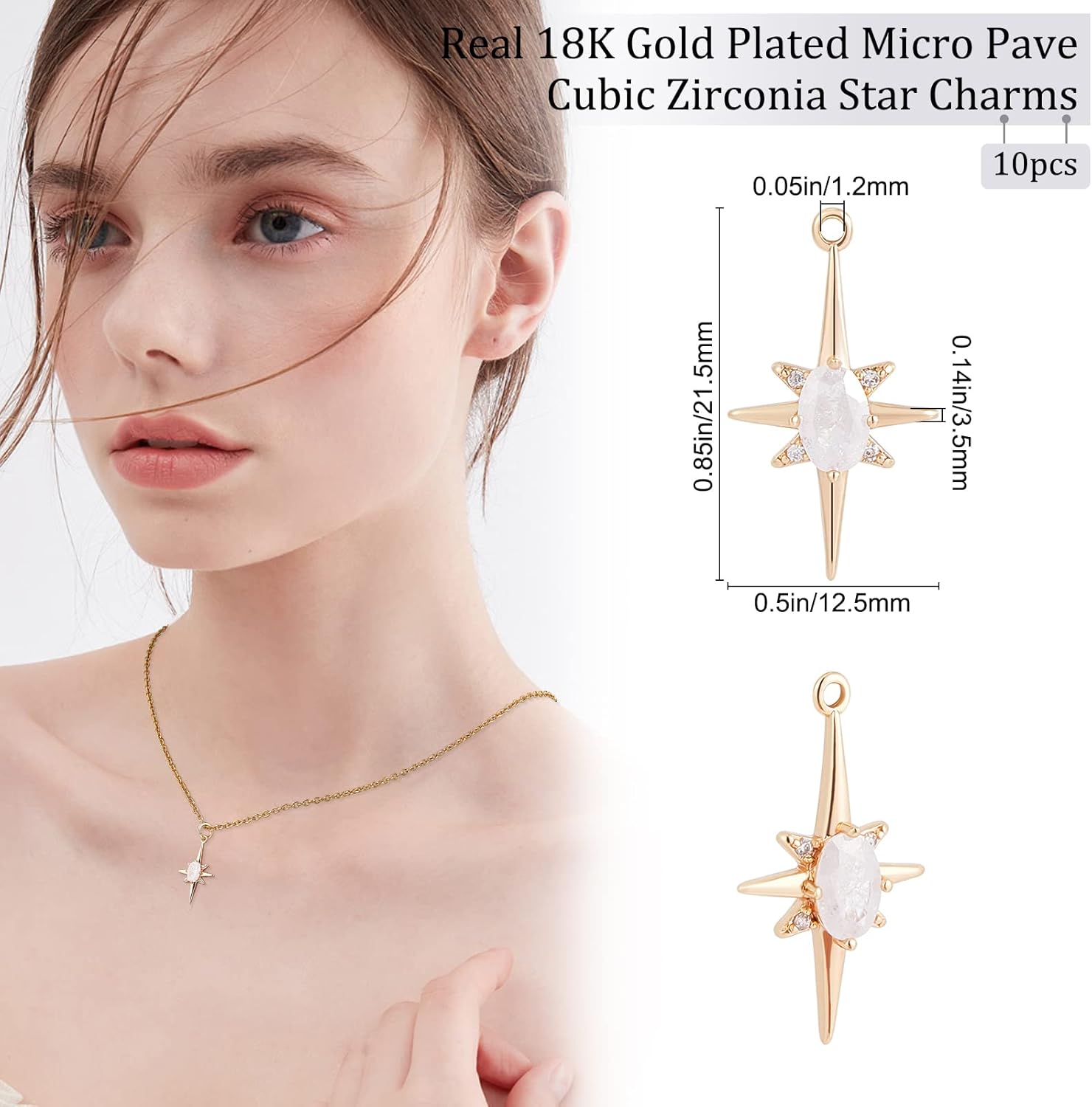 Beebeecraft 8Pcs 4 Style 18K Gold Plated Moon Charms with Cubic Zirconia Sun and Star Dangle Pendants with Jump Ring for DIY Necklace Earrings - Image 2