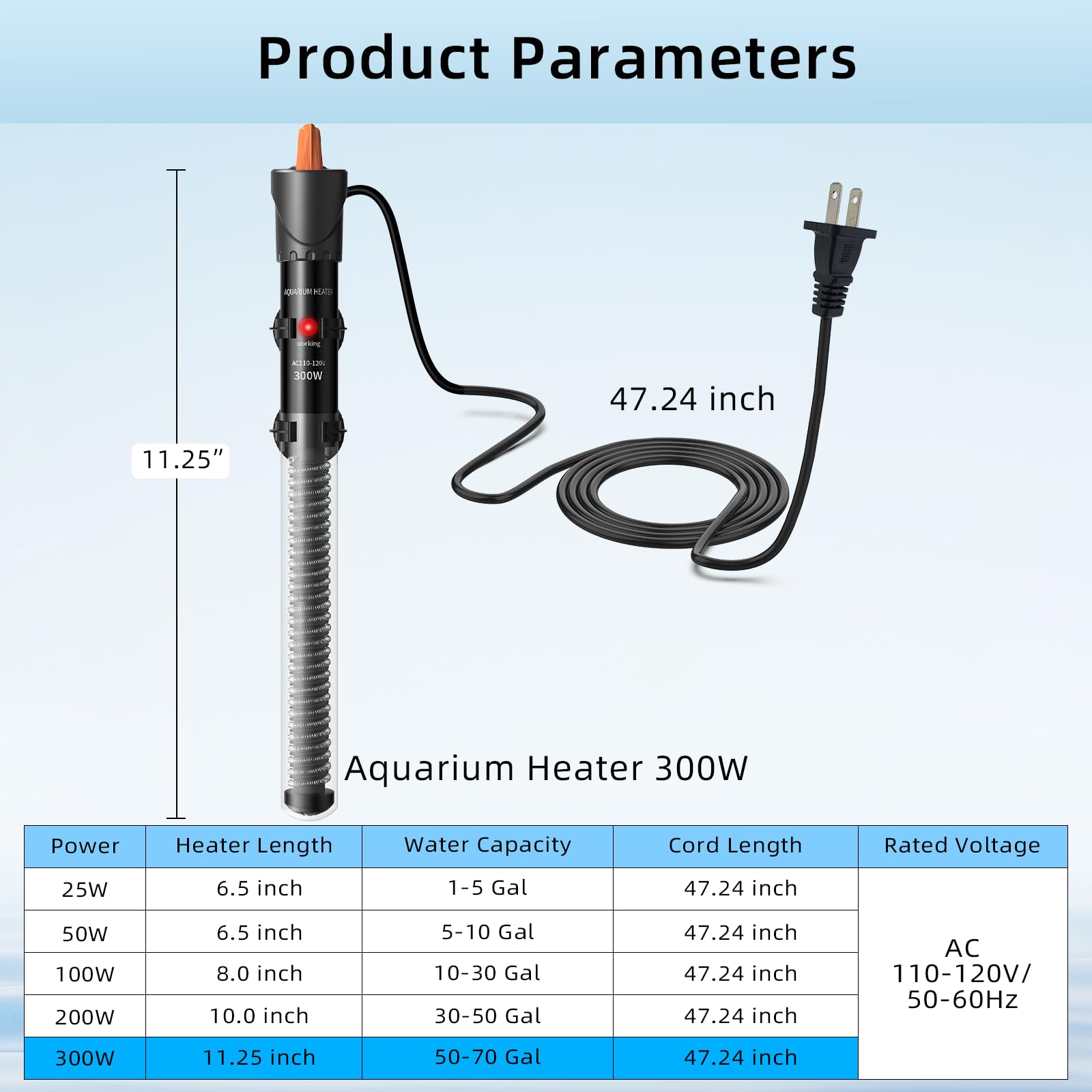 HiTauing Chauffage d'aquarium 25 W/50 W/100 W/200 W/300 W, bouton réglable, chauffage d'aquarium avec thermomètre numérique, chauffe-réservoir submersible Betta/Tortue pour réservoirs d'eau douce et