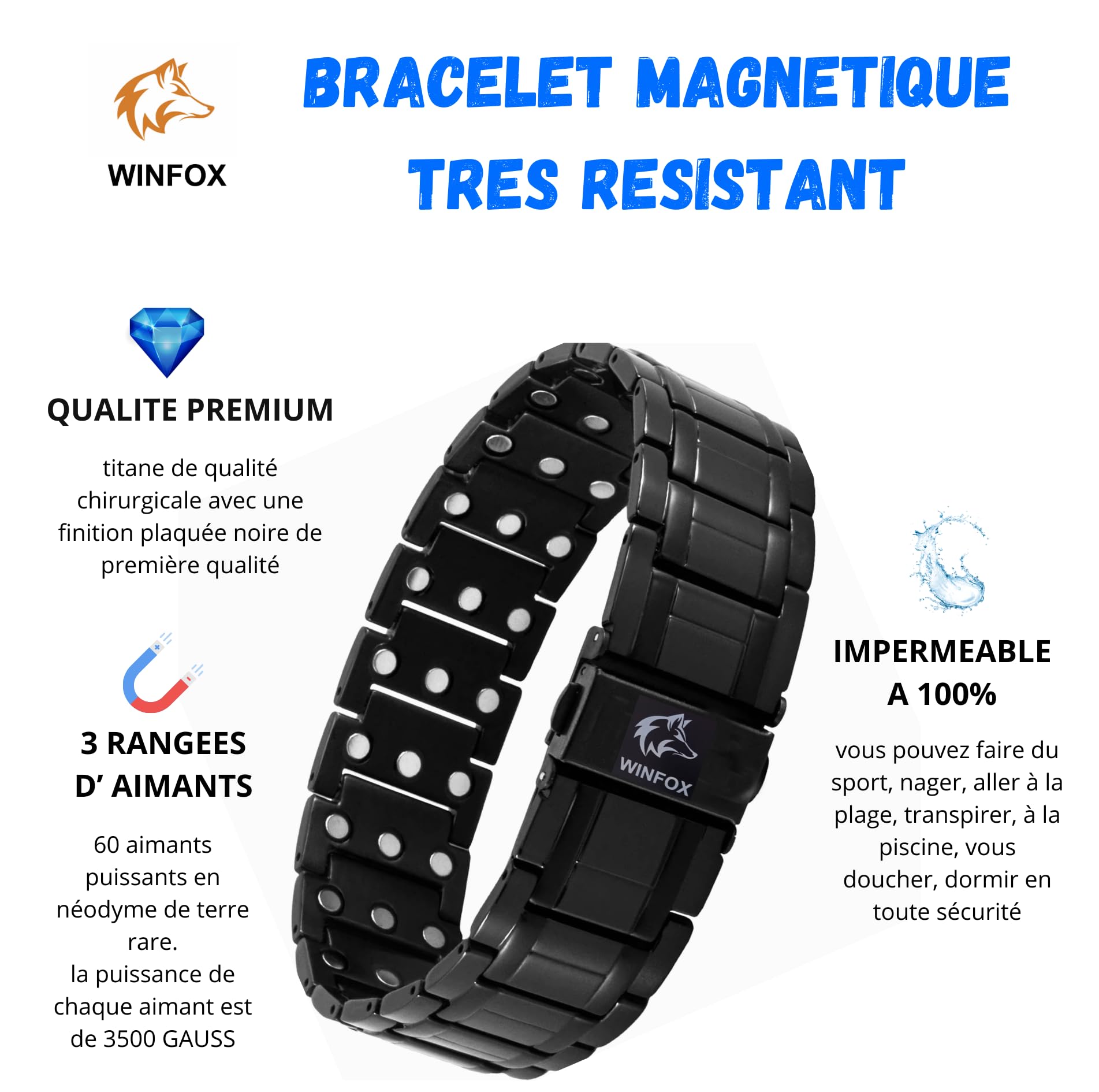Bracelet Magnetique Homme PREMIUM, Titane, Le Plus Puissant du marché, Bijou Aimanté Inoxydable, Ultra Résistant, 60 Aimants en Néodyme de Terre Rare, Outil de Dimensionnement, WINFOX777