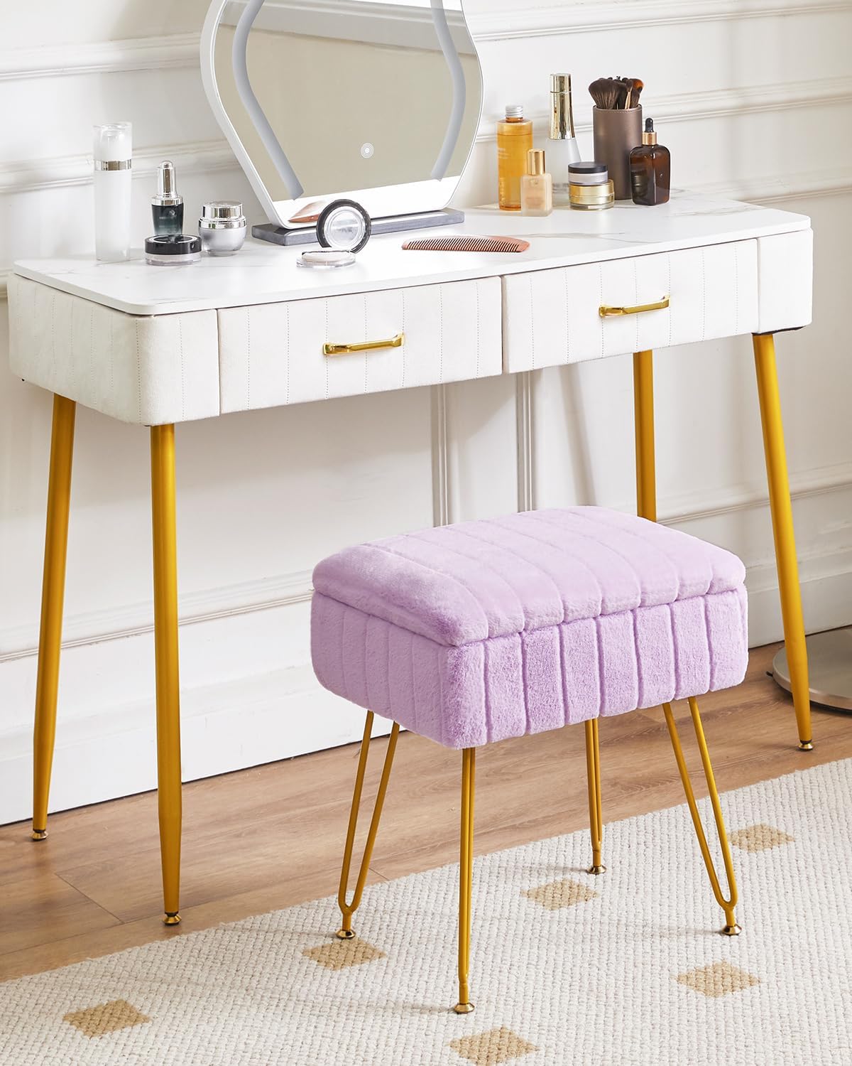 IBUYKE Stool Chair with Storage Space, Footrest Footstool Ottoman, Small Side Table, with 4 Metal Legs, with Anti-Slip Feet, for Makeup Room, Bedroom, Purple LG-50V