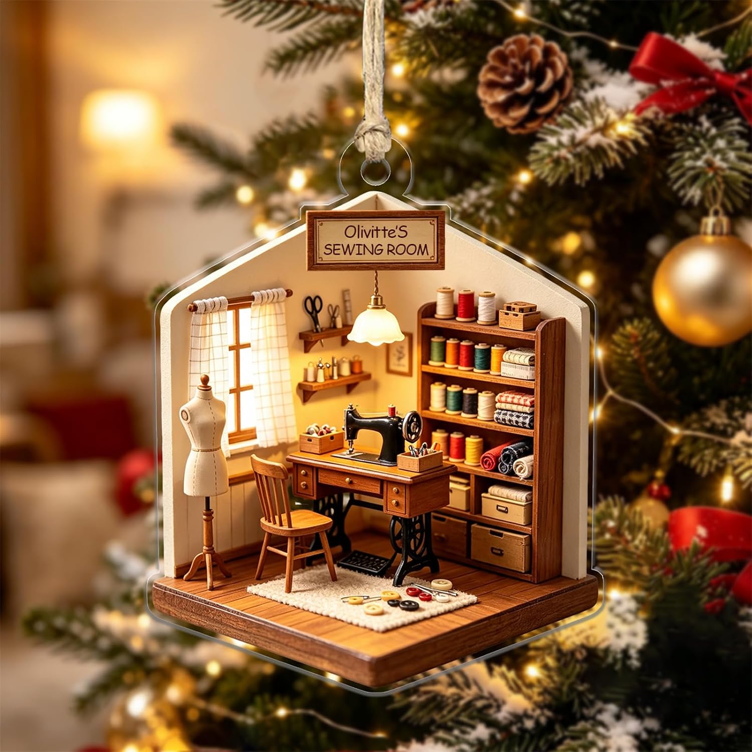Personalized 2D Flat Sewing Room Acrylic Ornament 2026 Custom Mini Craft Studio Christmas Ornament Quilter Name Xmas Vintage Decor Sewing Lovers Keepsake Gifts for Xmas Birthday Crafters