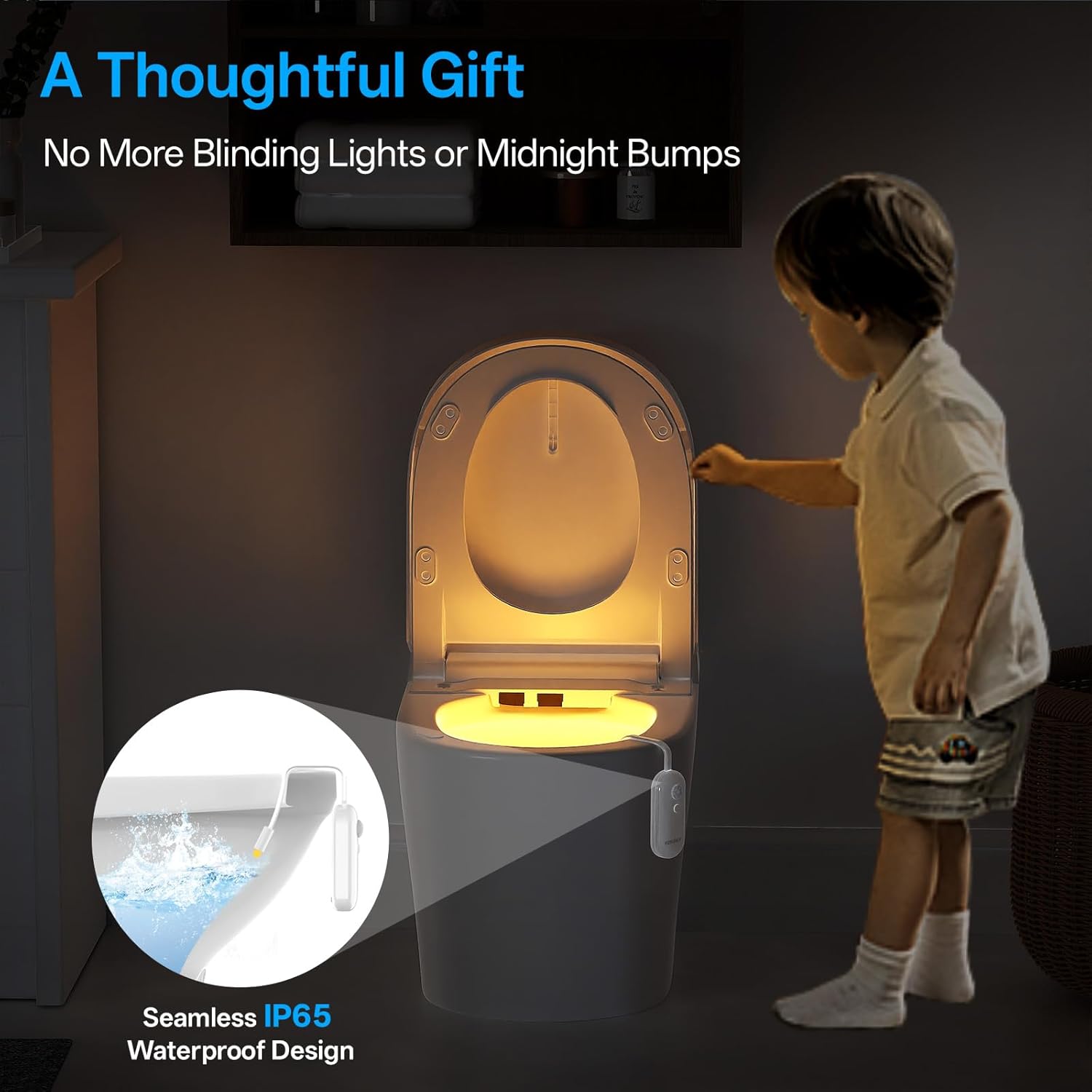 A toilet bowl split into two halves, one showing a bright pink light at night and the other showing no light during the day, demonstrating the automatic human body sensor switch.