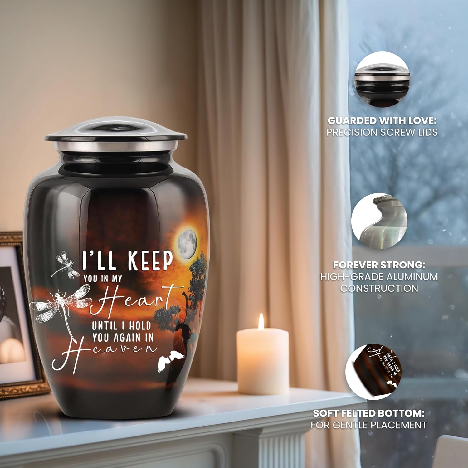 Set of 6 Moonlight Black Decorative Cremation Urns for Ashes Adult Male & Female Includes 1 Large Urn with 4 Small Keepsakes & 1 Necklace for Ashes