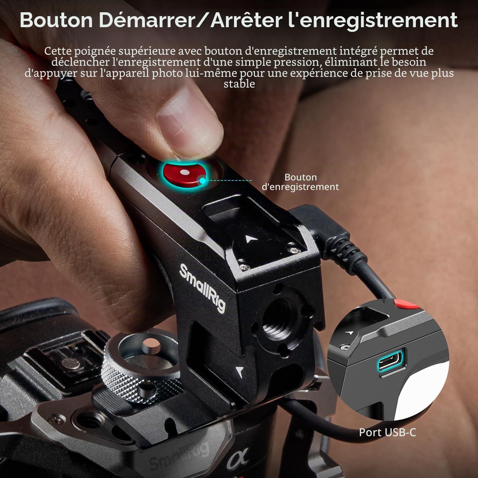 Poignée supérieure SmallRIG avec déclencheur ARRI 3/8"-16, compatible Sony A7 III/FX3/A6600, Canon R5II/R5C, FUJIFILM X-H2S/X-T5, Panasonic S5 II/GH5