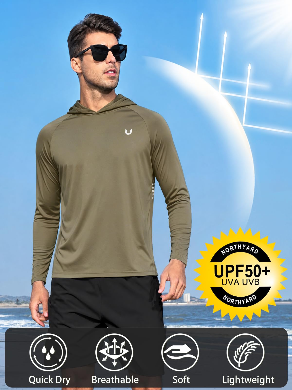 NORTHYARD Sudadera con capucha UPF 50+ para hombre, manga larga, protección solar, pesca, natación, playa, protección UV, SPF de secado rápido, ligera
