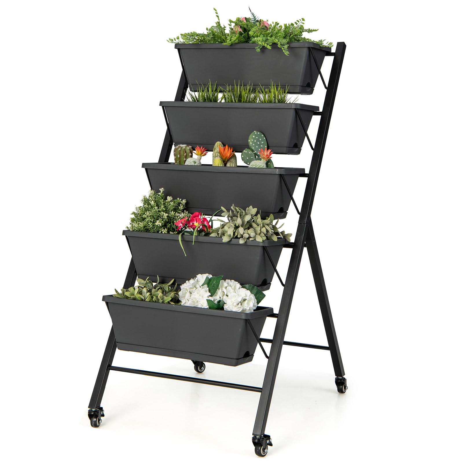 GOPLUS Jardinera Vertical de 5 Niveles, Estantería para Plantas, Cama Elevada de Jardín con Ruedas, Orificios de Drenaje, Bandeja Extraíble, Huerto Urbano con 5 Macetas, para Verduras Flores (Negro)