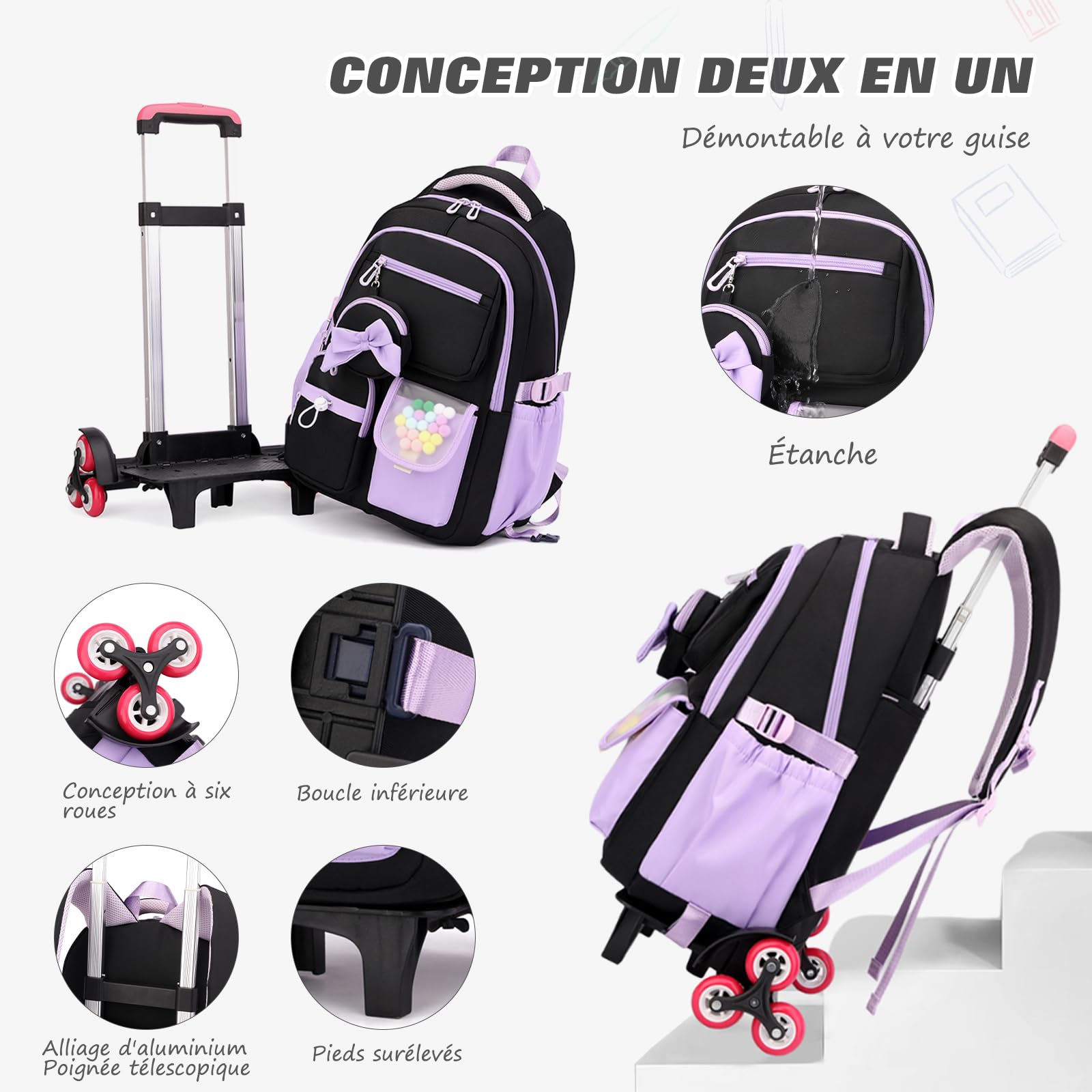 FANDARE Sac à Dos PC Portable 15.6 Pouces Grande Capacité Sac à dos à roulettes 35L pour Fille Étudiante Cartable Scolaire avec 6 Roues Multipoches Imperméable pour Voyage Collège Lilas