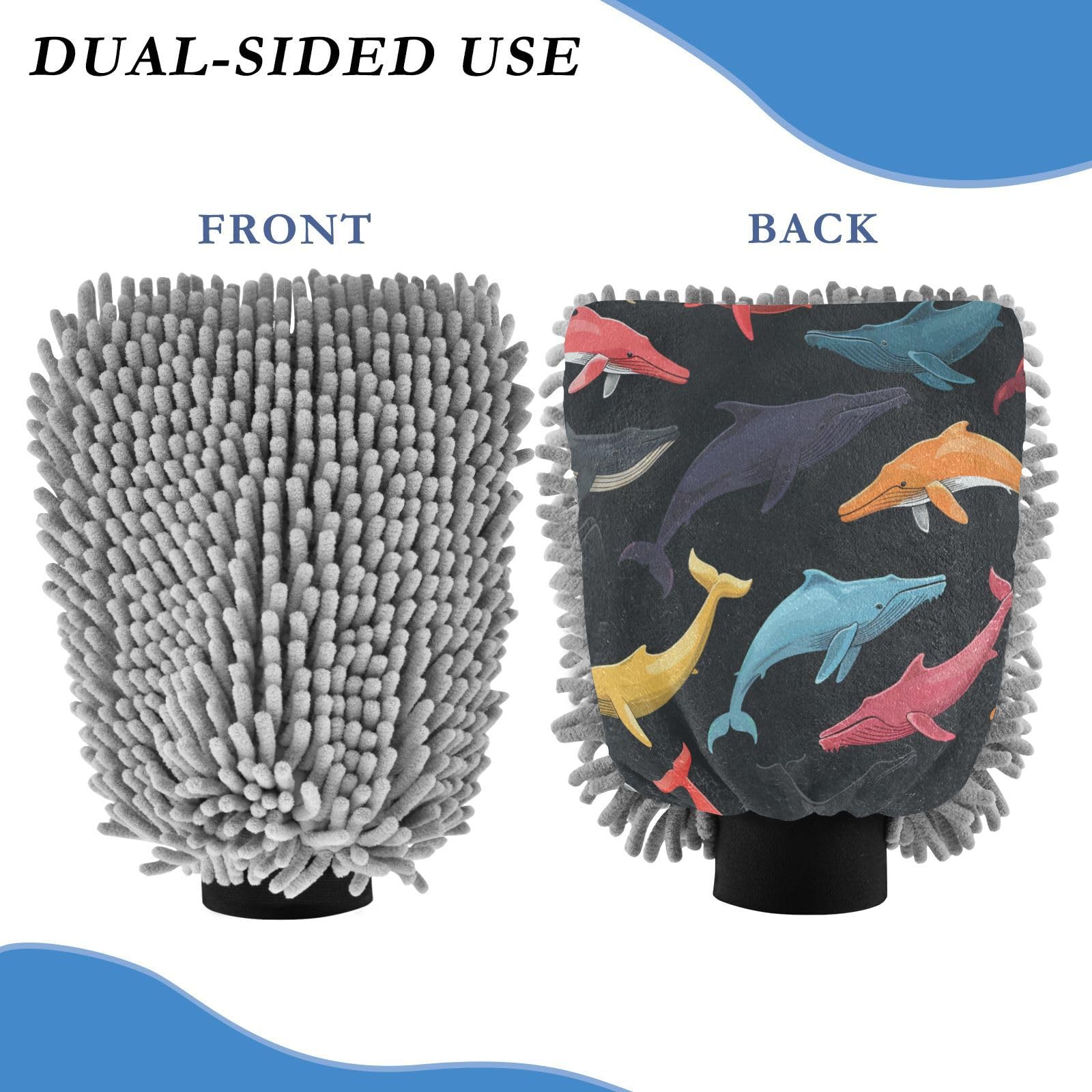 ALAZA Colorful Whale Car Wash Mitt Scratch Free, 2 Pack Absorbent Microfiber/Chenille Washing & Drying Mitts, L