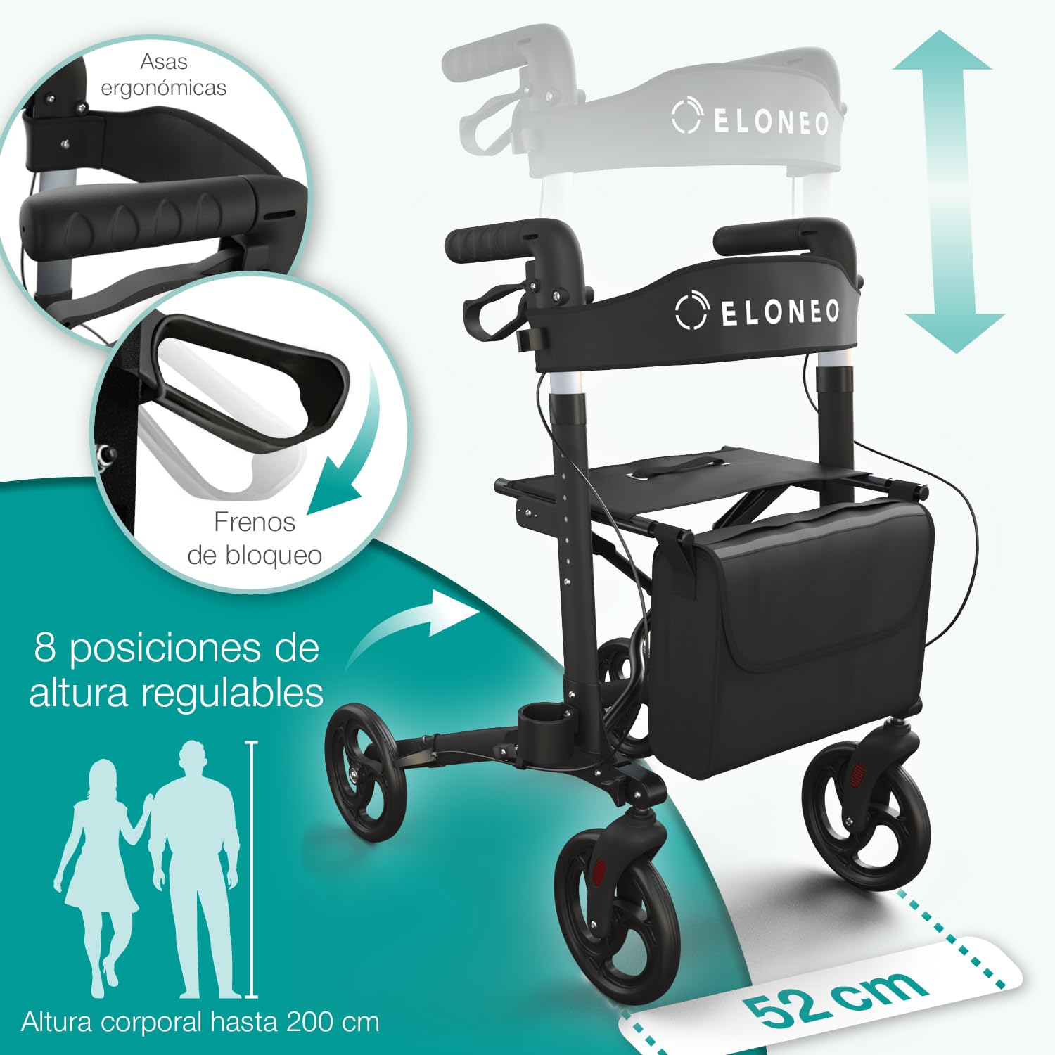 ELONEO Andador para Ancianos con Asiento - Ligero, Compacto y Plegable, Aluminio, 8 Alturas Regulables, Caminador para Mayores con Bolsa y Soporte para Paraguas, Compatible con Coches (Negro)