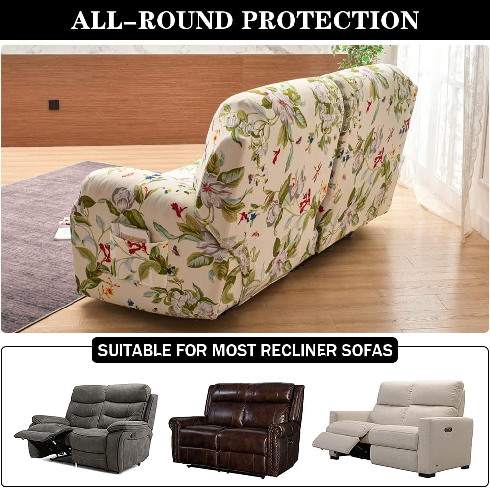 Stretch Loveseat Recliner Covers, 6-Piece Soft Spandex Recliner Slipcovers Printed Recliner Sofa Covers Furniture Protector with Pocket (Flower 01, Loveseat)