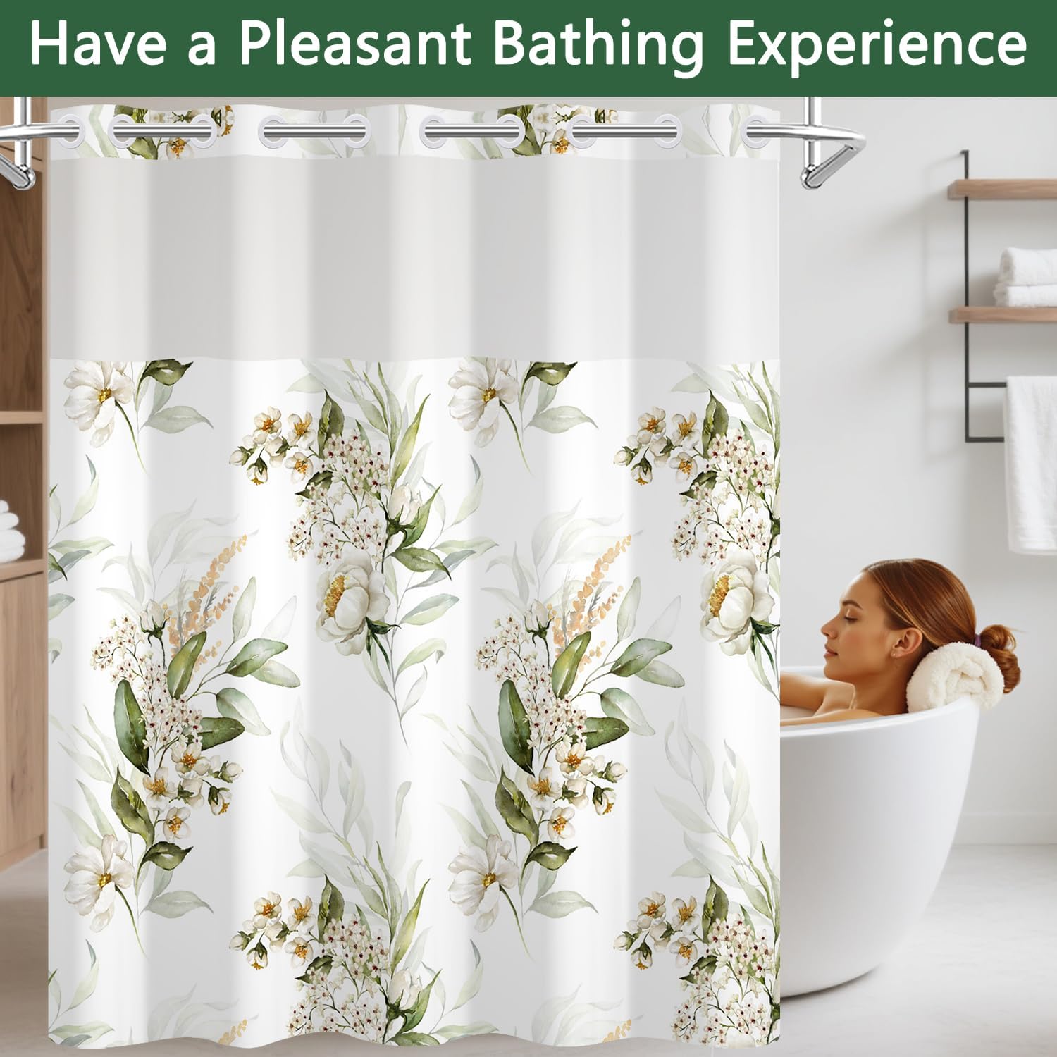 Green White Floral Shower Curtain with Snap in Liner, Double Layers Waterproof Fabric Shower Curtain with Mesh Top Window, Watercolor Flower Leaf Botanical Farmhouse Bathroom Curtains, 71x74 Inch