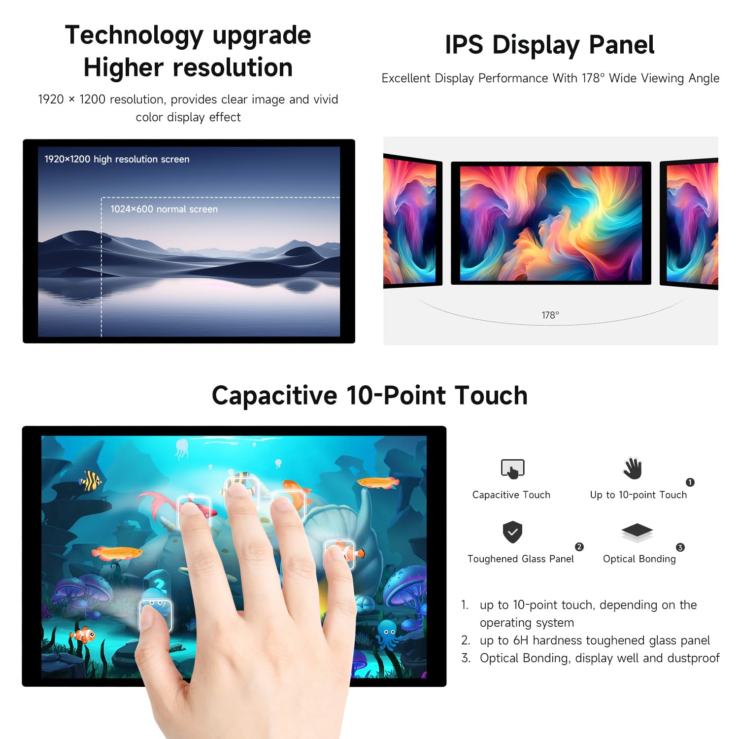 Waveshare 10.1inch High Resolution Capacitive Touch Display Compatible with Raspberry Pi 5/4B/3B/Zero/Zero W/Zero 2W/Pico/Pico, Supports Windows and Jetson Nano, 1920×1200 10-Point Touch IPS Display