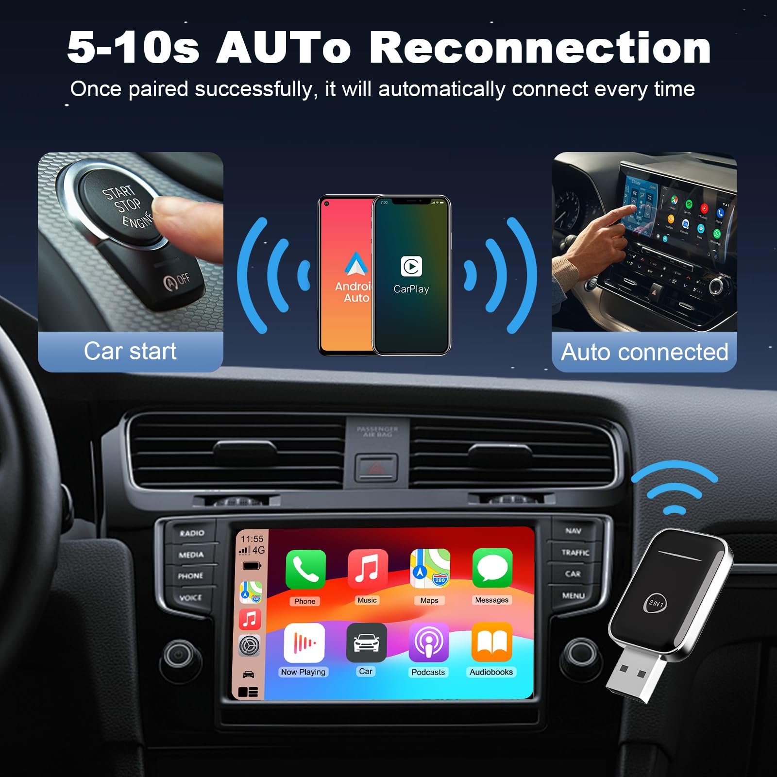 Adaptateur CarPlay Sans Fil Pour Voiture (à Partir De 2016) - Plug & Play, Connexion Auto, Bluetooth 5.0
