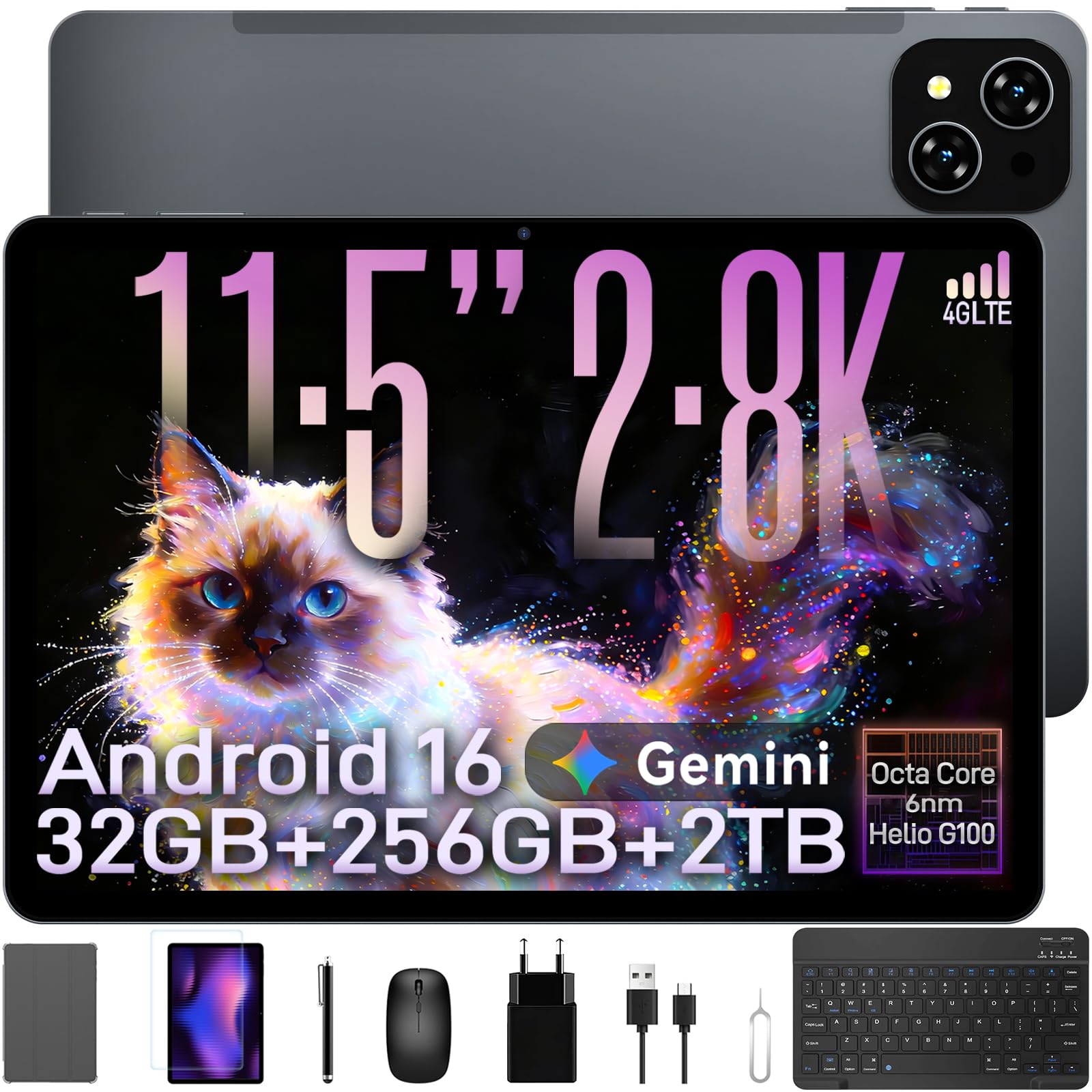 TABWEE T12Pro Android 16 Tablet mit Tastatur - 2.8K BOE QHD+ Display, 11 Zoll Tablet, Helio G100, 32 GB RAM+256 GB ROM, 8000 mAh, 13 MP+8 MP, Widevine L1, Gemini AI, Tablet 4G LTE (4 Jahre Garantie)
