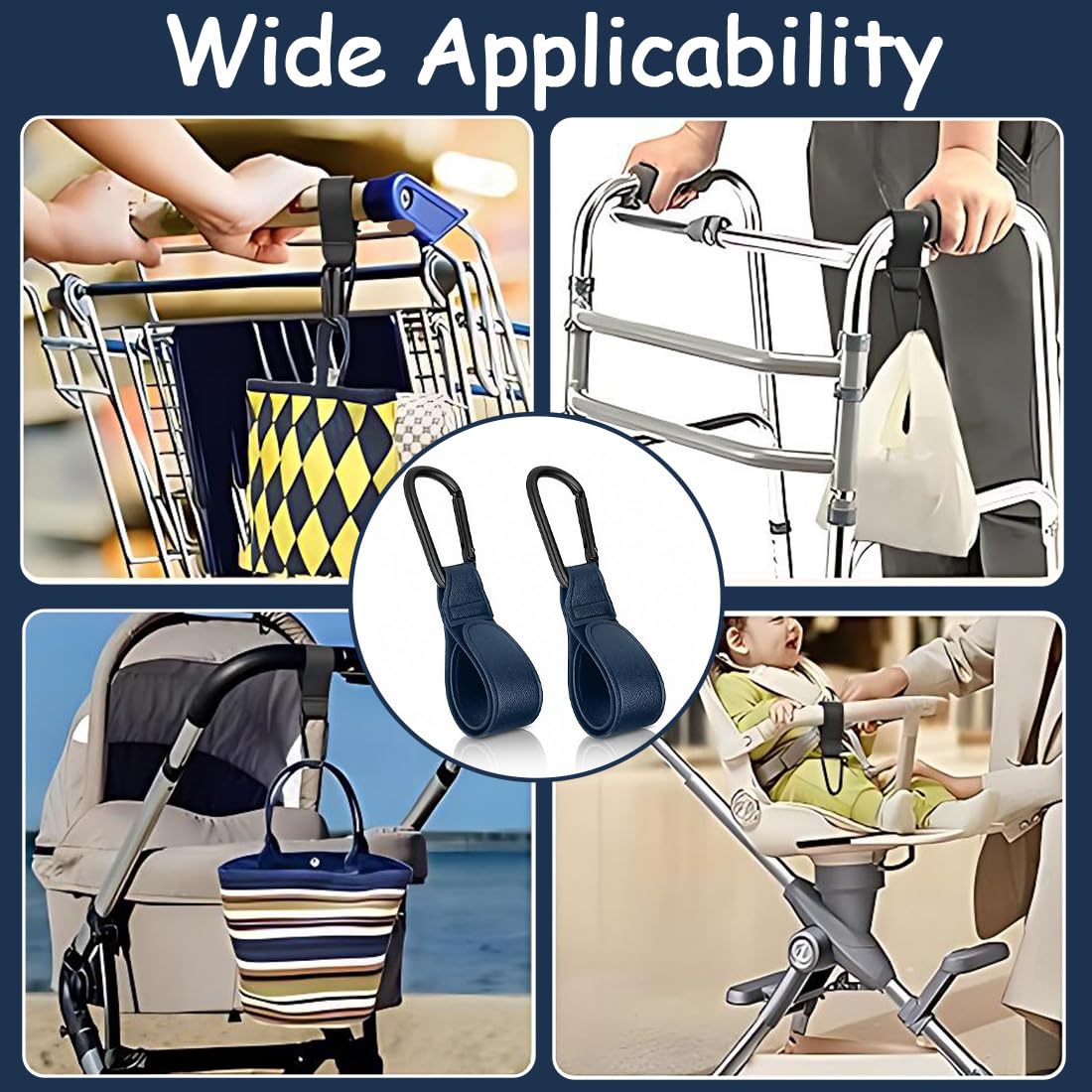 Set di 2 Ganci per Passeggino in Pelle PU - Accessorio Universale per Carrozzine e Borsine, Superficie Antiscivolo, Regolabile con Portata fino a 10 kg - Blu, 20 x 3 x 1 cm