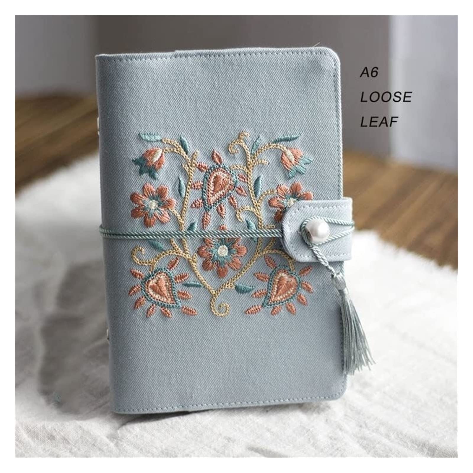 cuaderno, Bloc de notas con hojas sueltas, cubierta bordada en azul algodón(Kraft,Loose Leaf A6)