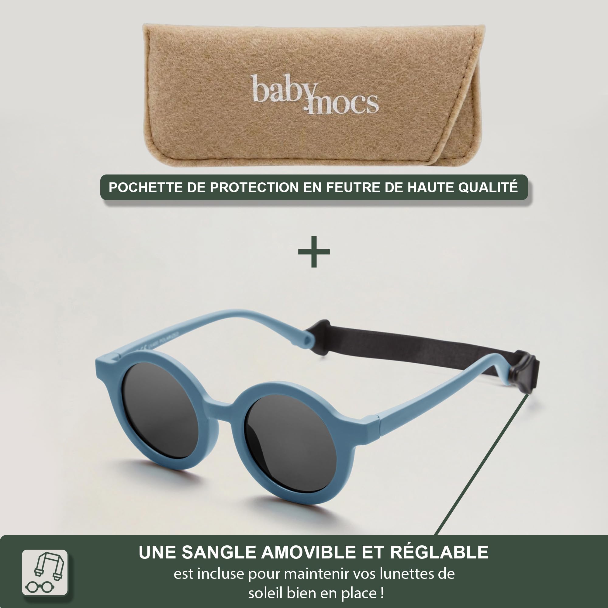 BABYMOCS Lunettes de soleil rondes pour enfants de 1,5 à 8 ans - Protection UV 100 % - Flexibles - Sans BPA - Sans substances nocives - Avec bande - Design suédois