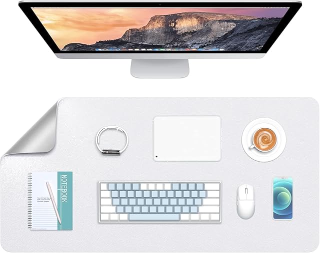 Hsurbtra Desk Pad, 76.2 x 35.5 cm Dual Side PU Leather Large Mouse Protector, Mat for Desktop, Accessories Women Office, Supplies Keyboard and Mouse, White Silver, XL