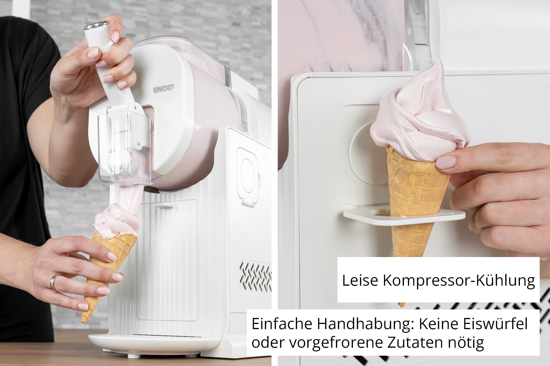 UNOLD 2in1-Slush- & Softeismaschine Sofia – Softeis & Slushies ohne Vorgefrieren in 30 min dank Kompressor – 2L Kapazität, 5 Automatik-Programme & Waffelhalter - einfache Reinigung