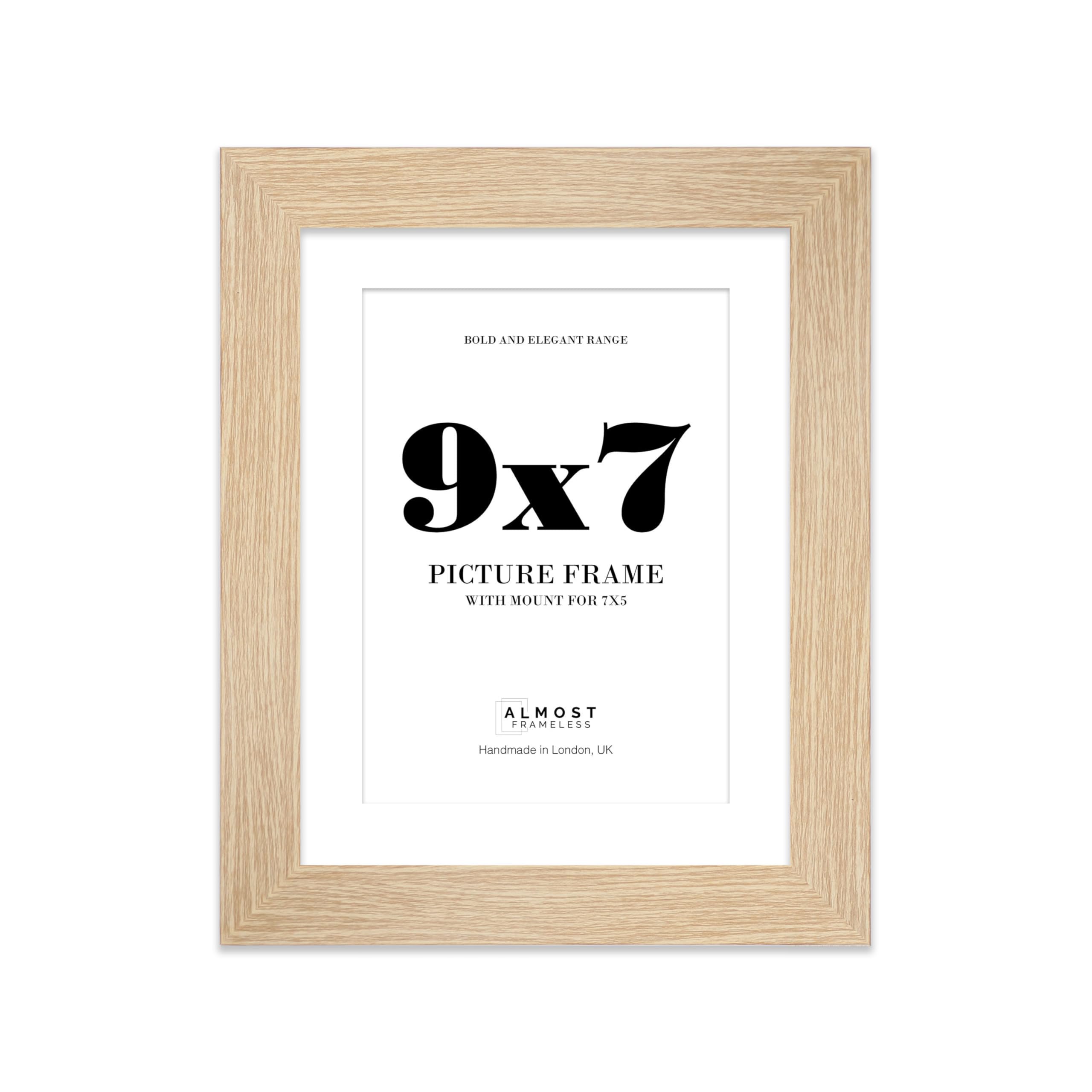 9x7 Oak Frame With Mount for 7x5 Pictures 28mm Edge Portrait and Landscape Display with Wall Hooks and Kickstand, 1 Pack