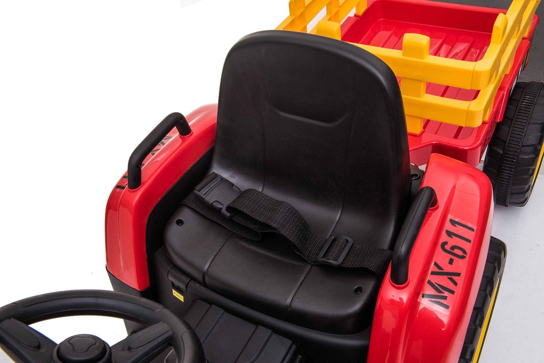 Traktor elektryczny Workers z przyczepą, czerwony, napęd na tylne koła, bateria 12 V, kółka, szerokie siedzisko, pilot zdalnego sterowania 2,4 GHz, odtwarzacz MP3 z Bluetooth i wejściem SD, diody LED