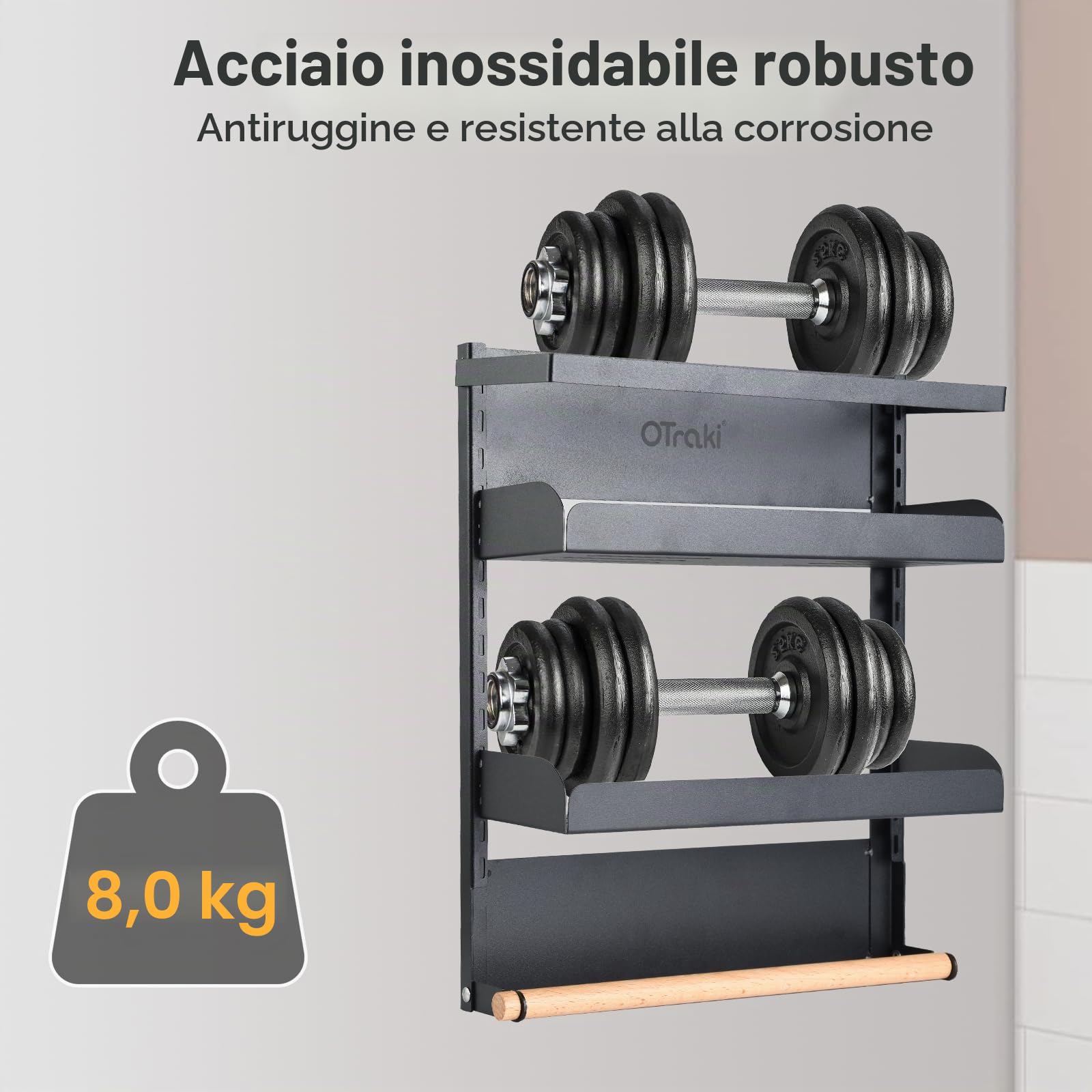 OTraki Scaffale Portaspezie Magnetico per Frigorifero, 2 Ripiani Organizer Cucina Senza Foratura Carico Massimo 8 Kg, Portaspezie Da Parete in Acciaio Inox con Porta Rotolo da Cucina e 4 Gancio