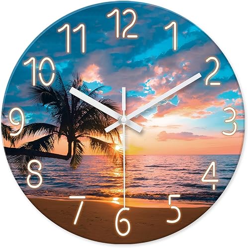 Miniatura 12 de XFM Reloj de pared de playa, silencioso, sin tictac, funciona con pilas, reloj de pared de 12 pulgadas con palmera tropical azul océano azul