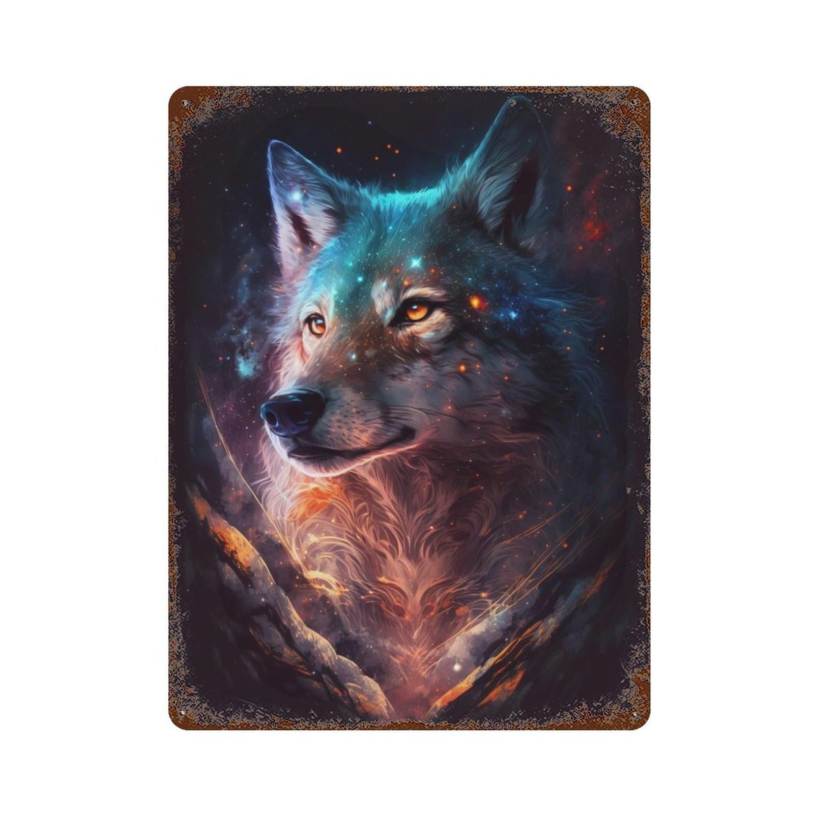 Garage Style Cosmic Wolf Portrait Artwork-1 Decorative Tin Sign 15.7"x11.8", Novelty Wall Decor for Bar And Workshop