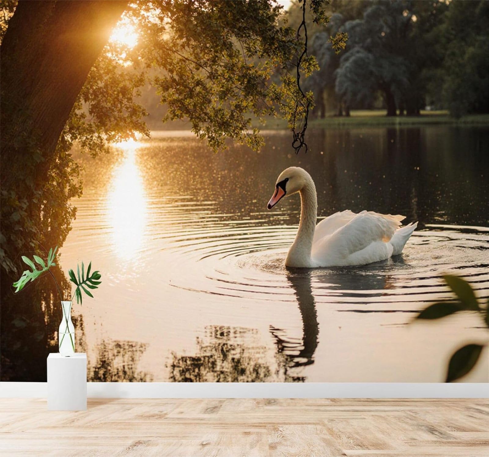 XLMING Sunset Lake Swans Calm Water’S Reflection Golden Rays 3D Wallpaper Premium Textured Silk Study Dining Living Room Bedroom Sofa TV Wall Easy Install-250cm×170cm