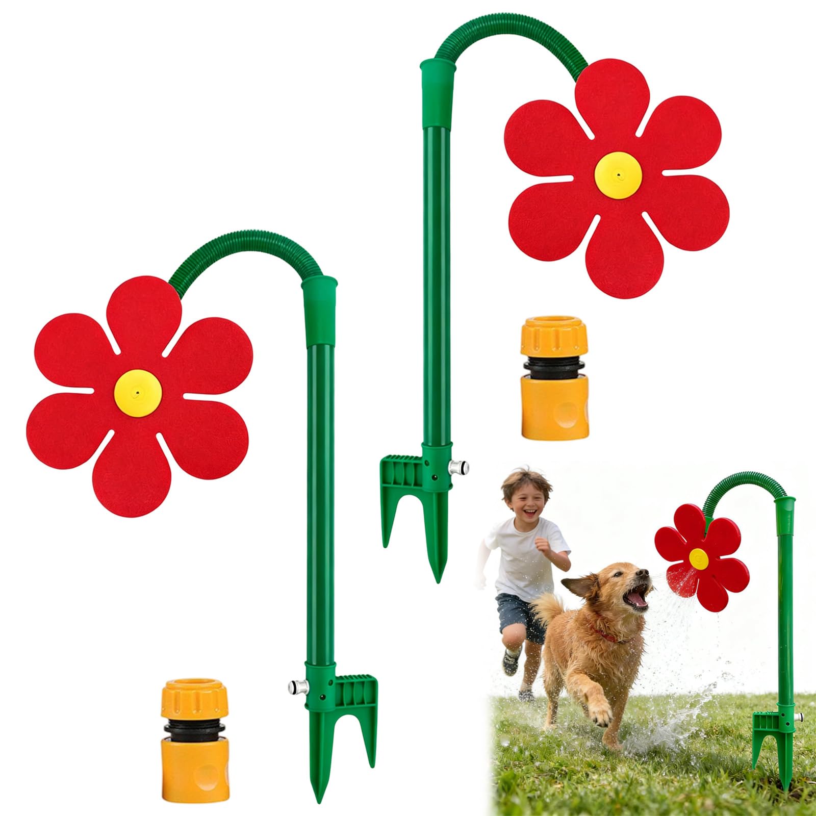 Crazy Daisy Sprinkler, 360° Rotating Dancing Flower Water Sprinkler, Spinning Sunflower Sprinkler with Adapter, Fun Irrigation Tool for Yard Watering, Kids & Pets Outdoor Water Play (2PC-A)