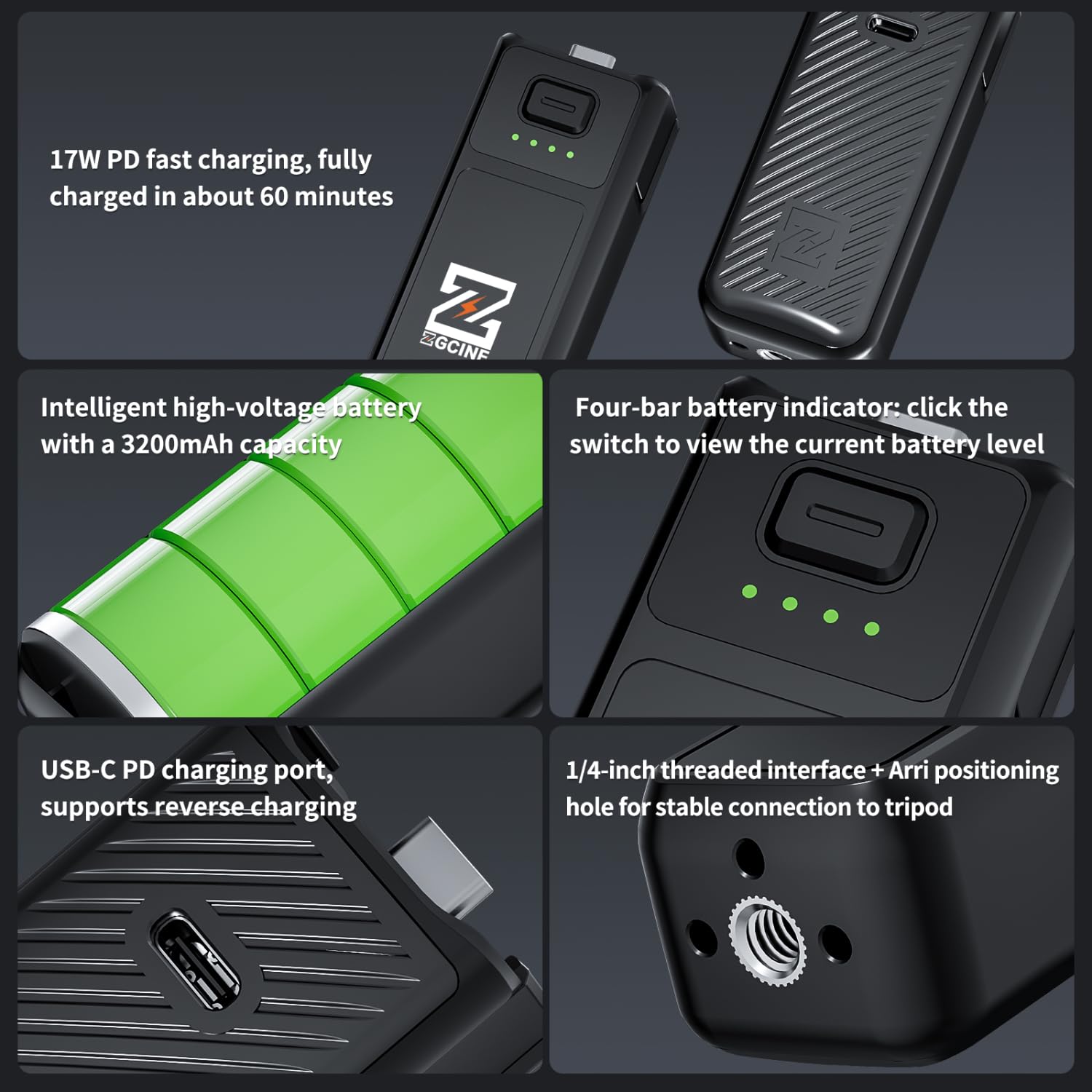 ZGCINE PK-H01 Akku Griff für Pocket 3 Kamera, 17W Schnelllade Batteriegriff mit LCD Anzeige, 3200mAh Hochleistungsakku, USB-C PD Schnellladung & Datenübertragung, für Pocket 3 Battery Handle