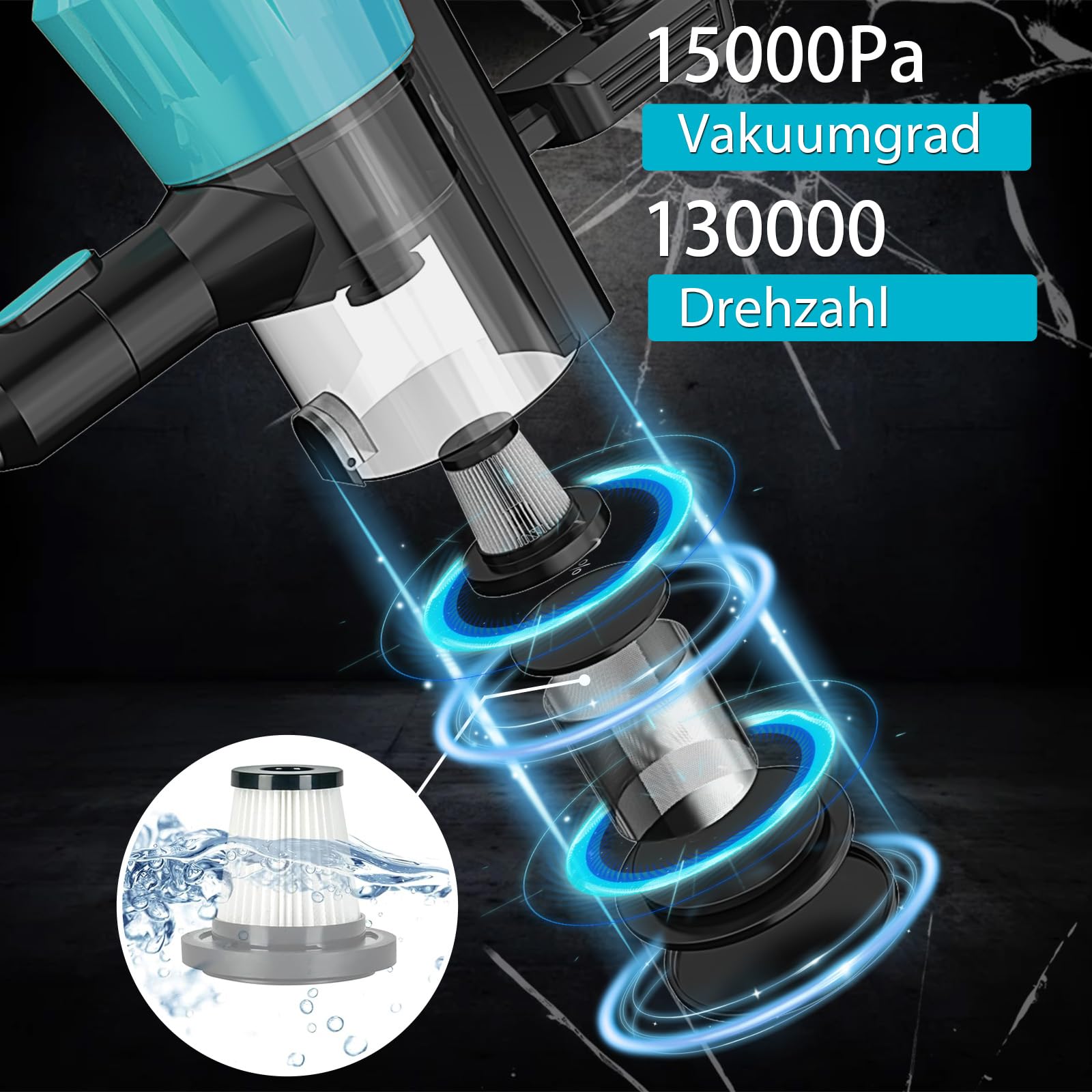 Aspiradora con batería, aspiradora de mano con 2 baterías de 5,5 Ah y cargador, 15000 Pa, potente succión, diseño bajo para debajo de muebles, boquilla giratoria de 180°, incluye accesorios