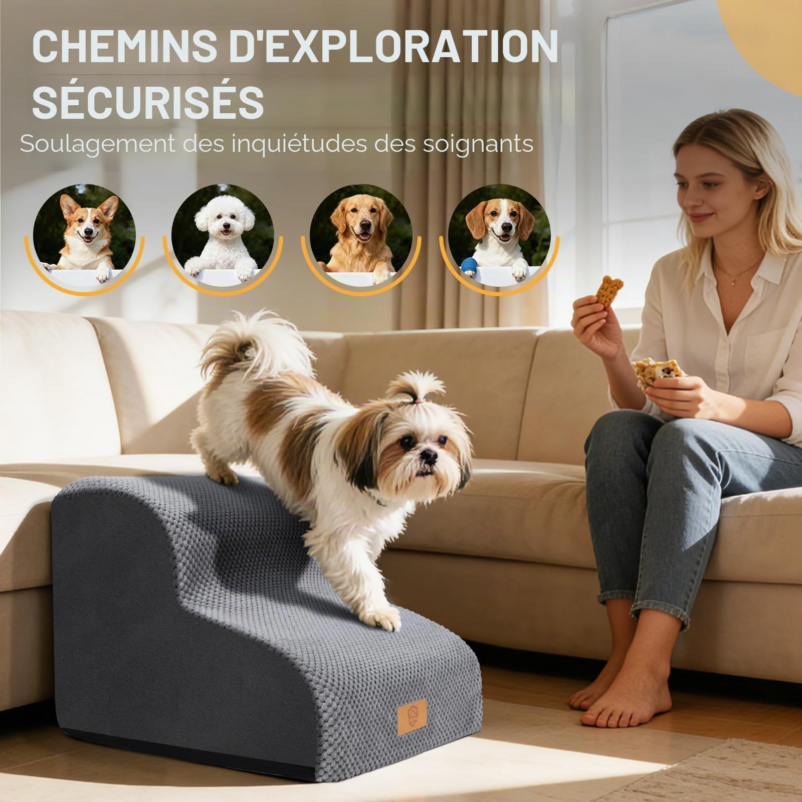 Zvonema Escalier pour Chiens et Chats 2 marches, Escalier pour Animaux en Mousse Haute Densité, Rampe pour Chien en Éponge avec Couvercle Amovible, Escaliers Antidérapants pour Animal Âgé