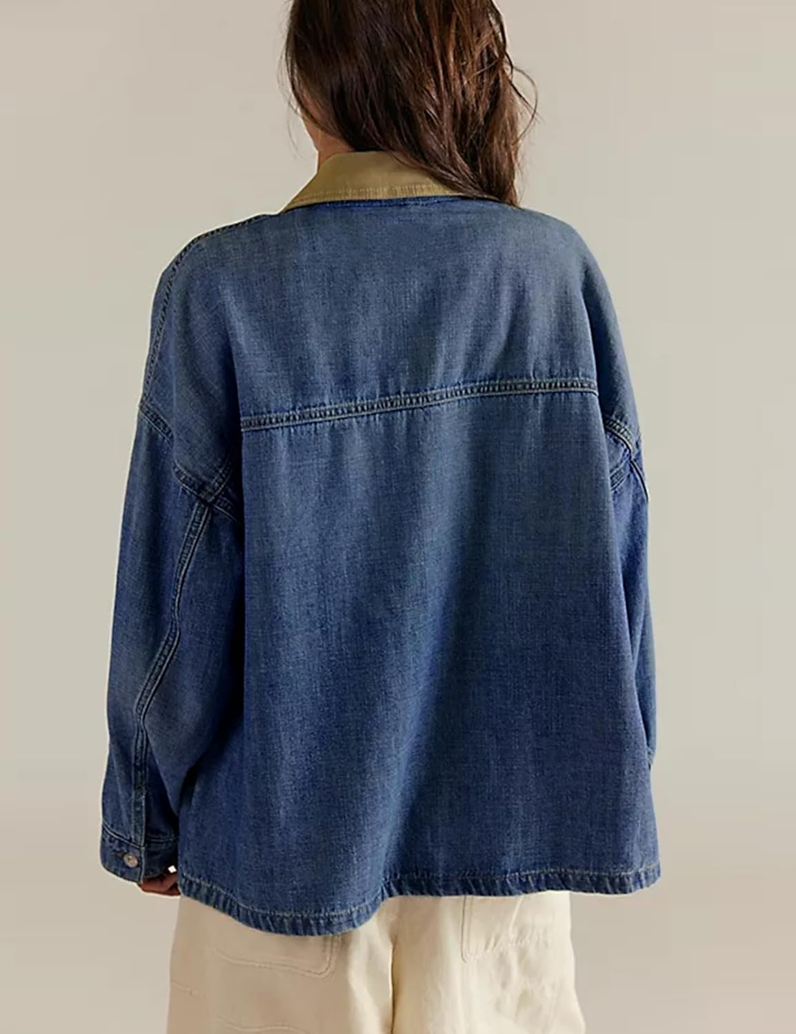 Yeokou Women's Oversized Contrast Collar Denim Barn Jacket Button Down Big Pockets Spring Fall Transitional Outfits(Blue-S) - Image 4