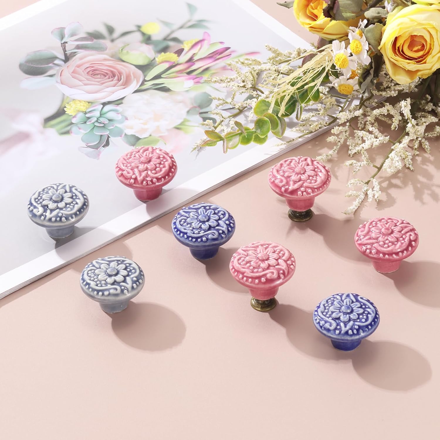 uxcell 6Pcs Ceramic Knobs, 34mm/1.34" Flower Pattern Mushroom Knob Drawer Pull Handle Vintage Wardrobe Knobs with Screws for Vanity Bedroom Furniture Closet, Gray