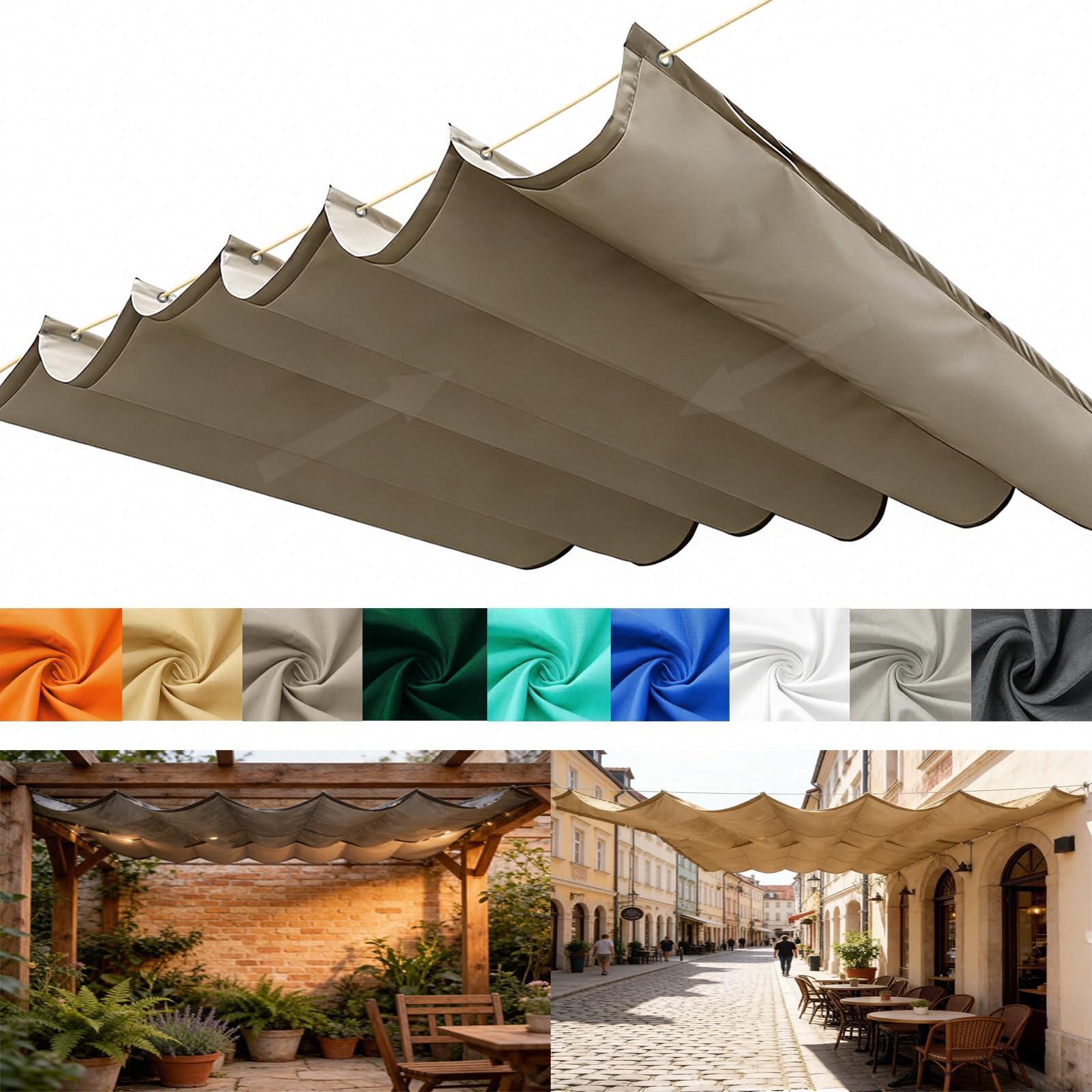 Retractable Wave Sun Shade Sail, Wave Awning Canopy with Eyelets and Rope, Adjustable Shade Cover Sun Protection Waterproof Outdoor Pergola for Outdoor Garden Patio Yard Lawn-Khaki||250x900cm