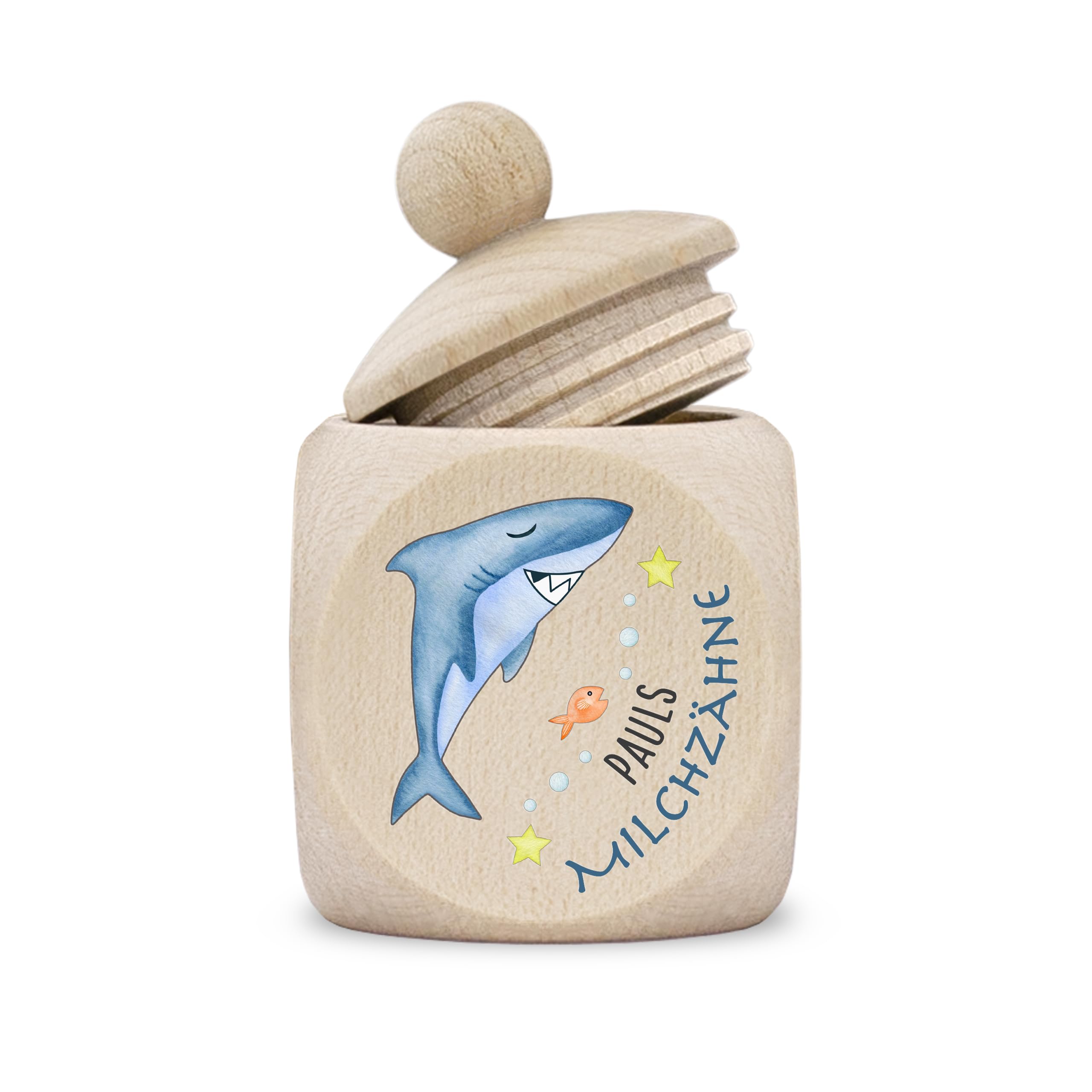 kultdog Zahndose Milchzähne Mädchen Junge modern Dose Holz personalisiert Druck Name Hai