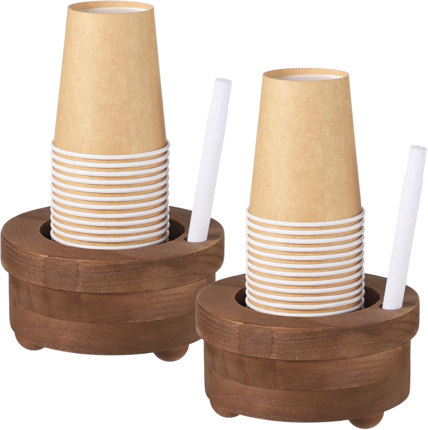 Set of 2 Wooden Cup Holders with Marker Slot, Cup Dispenser for Disposable Cups, Space-Saving Wooden Stand for Kitchen, Bathroom, Gatherings, 5.4 X 2.8 in