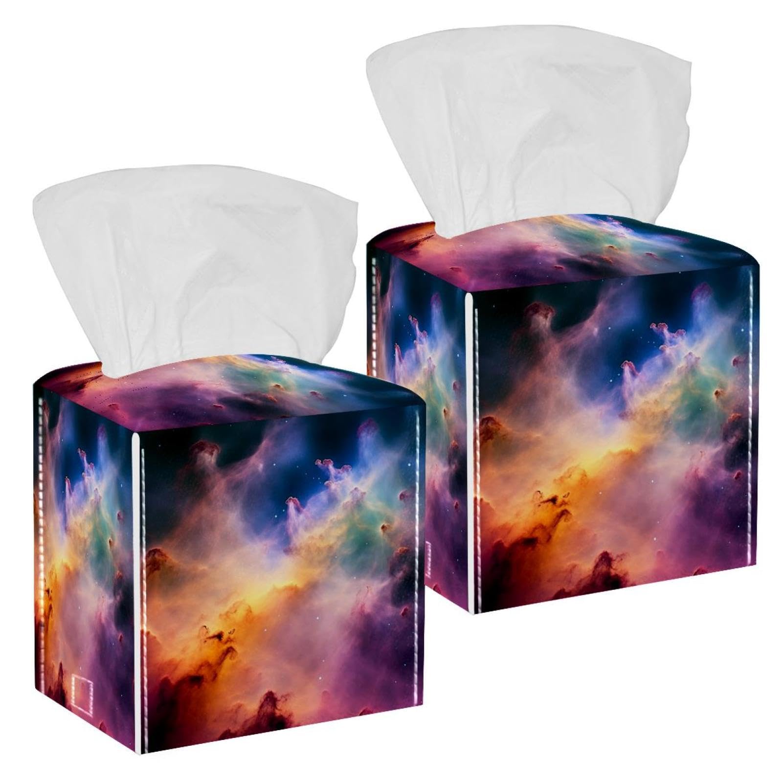 Stars Nebula Tissue Box Cover, 2 Pack PU Leather Square Facial Tissue Dispenser Box holder for Home Office Car