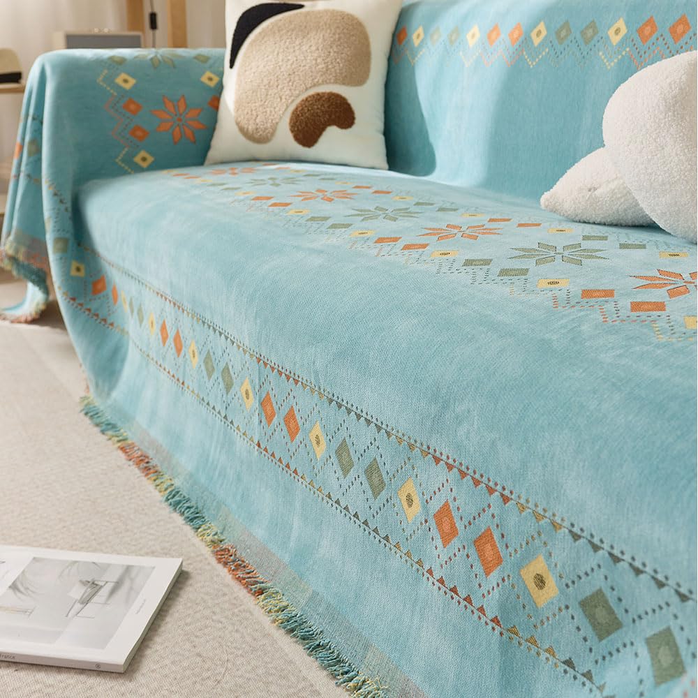 Grande coperta per divano in tessuto con nappe, extra large, morbida, per divano, letto e poltrona, versatile decorazione per la casa (180 x 260 cm, ciano)