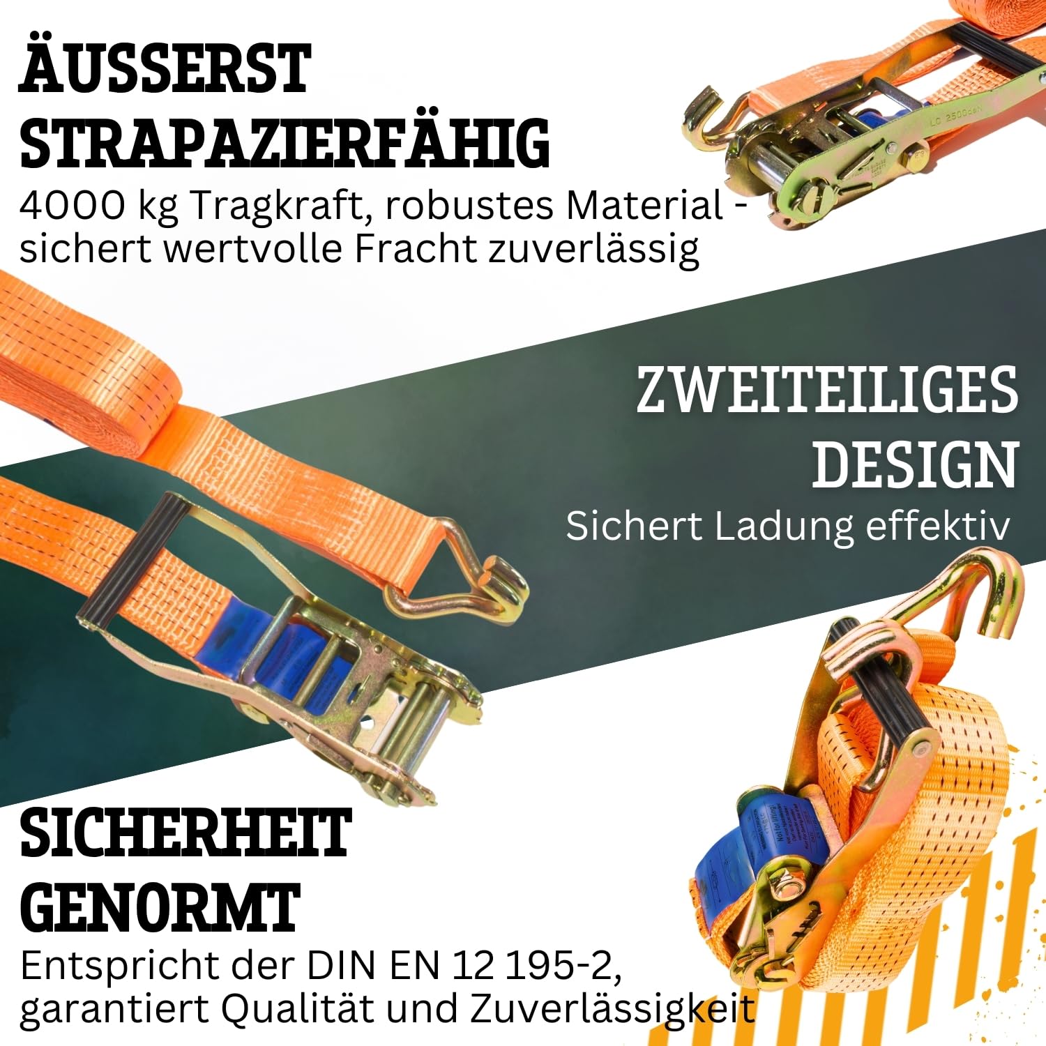 Safetytex Spanngurt 4t 50 mm x 2 m - 2-teilig mit Ratsche & Spitzhaken - hochwertiger Spanngurt aus Polyester - Zugkraft 4000 kg, für Transport & Sichern von Lasten (10 Stück)