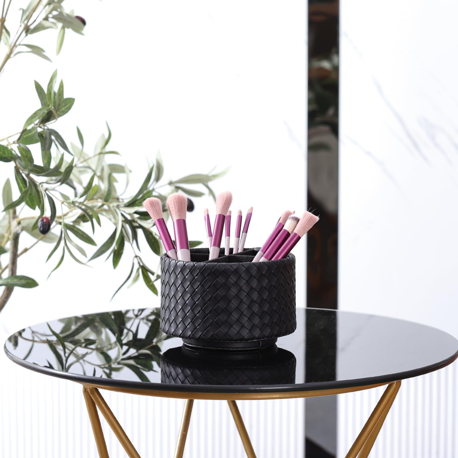 Portalápices giratorio, de piel sintética, rotación de 360 grados, soporte para control remoto para mesa con 4 compartimentos, bonito organizador de escritorio, negro PH116