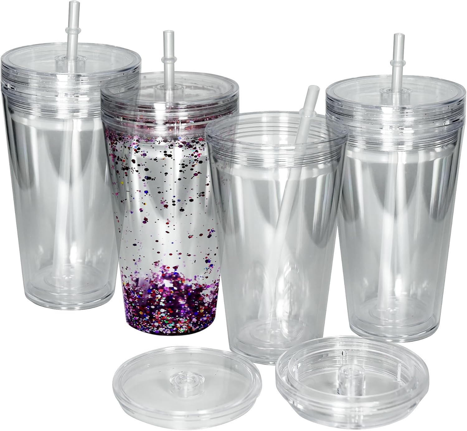 sweet grain Snow Globe Tumblers(4 Pack) - 16oz Double Wall Acrylic Tumblers for Snow Globe Cups with Pre Drilled Hole, Lids, Straws and Hole Stopper, Clear Snowglobe Tumbler - Detachable Hollow Lid