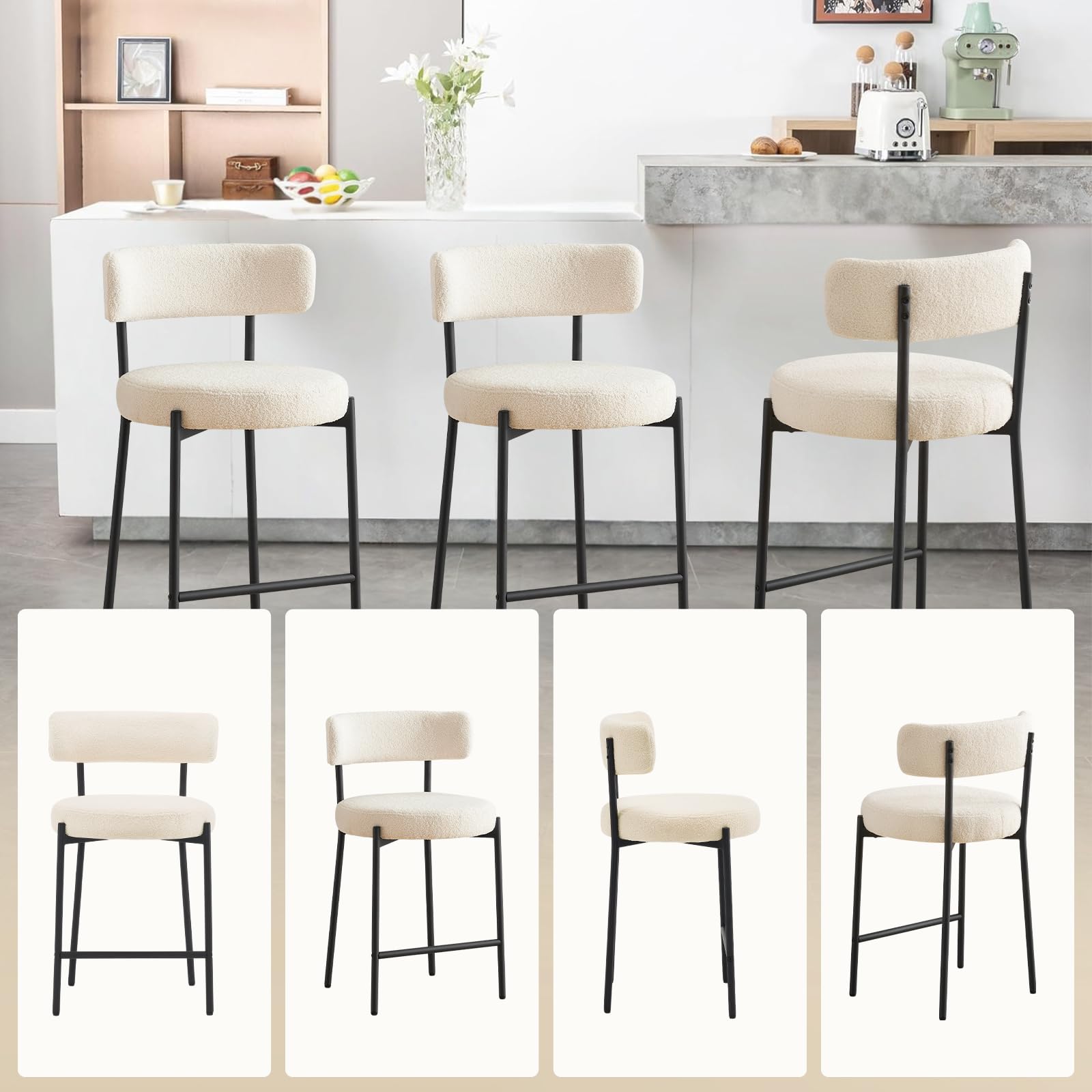 Lot de 4 Tabouret de Bar, Chaise de Bar, Chaise de Cuisine Hauteur 63.5cm, Tabourets Comptoir, Tabouret de Bistrot, Siège Rembourré avec Dossier, Repose-Pieds pour Cuisine, Bar, Blanc