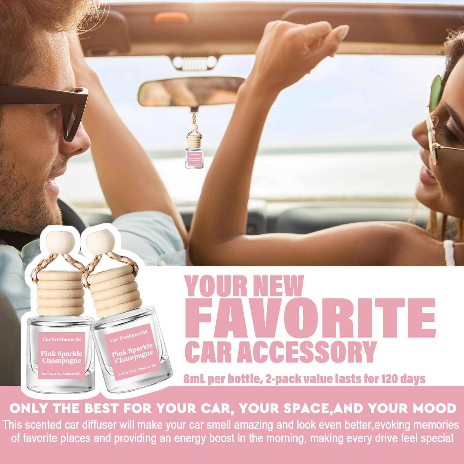 HoogaLife Car Air Freshener Diffuser 2 Pack Hanging Air Freshener Diffuser - Pink Sparkle Champagne Fragrance Oil Air Diffuse r for Car, 45+ Days Long Lasting Fragrance Made in USA